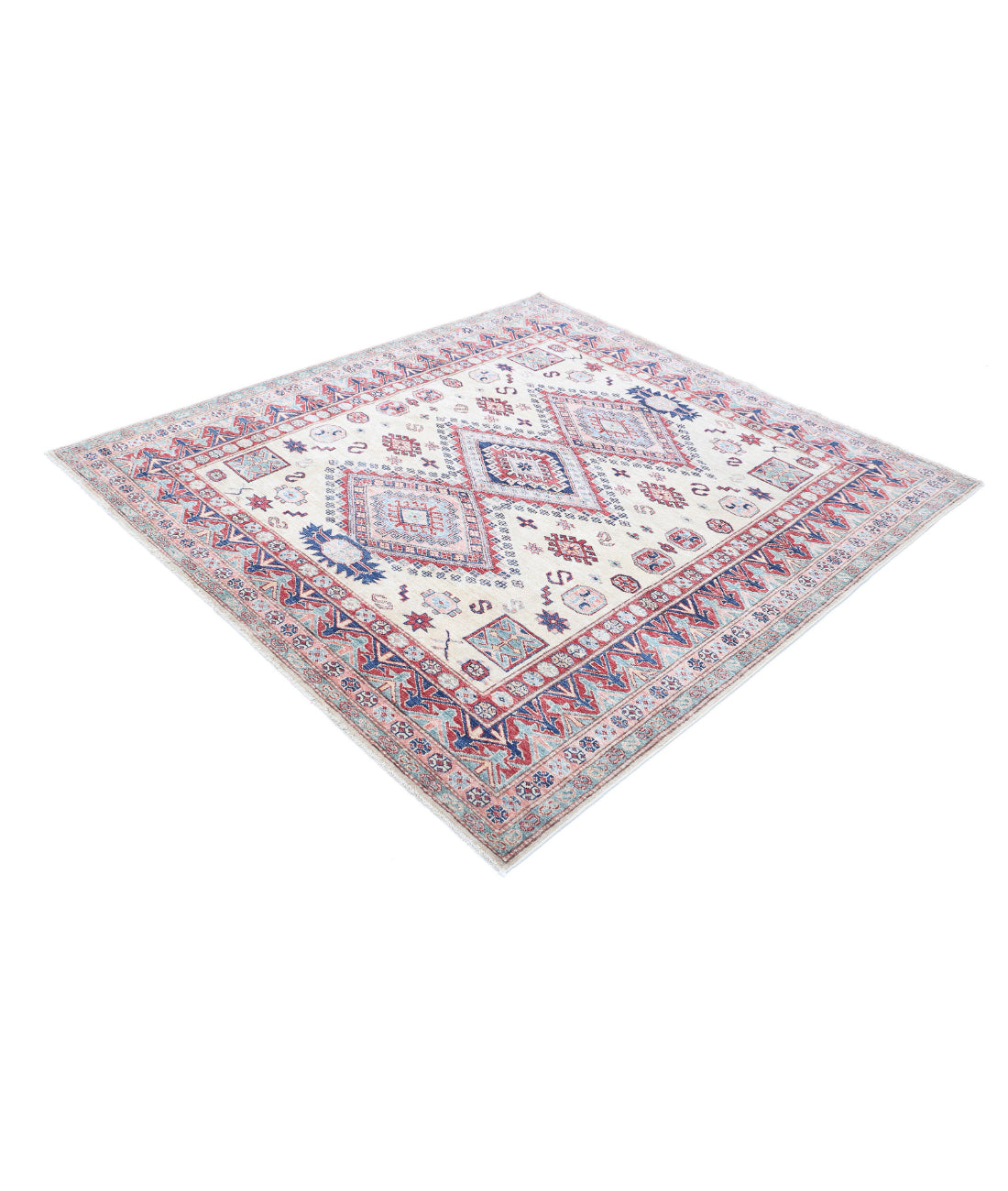 Hand Knotted Royal Kazak Wool Rug - 6'1'' x 6'6'' 6'1'' x 6'6'' (183 X 195) / Ivory / Red