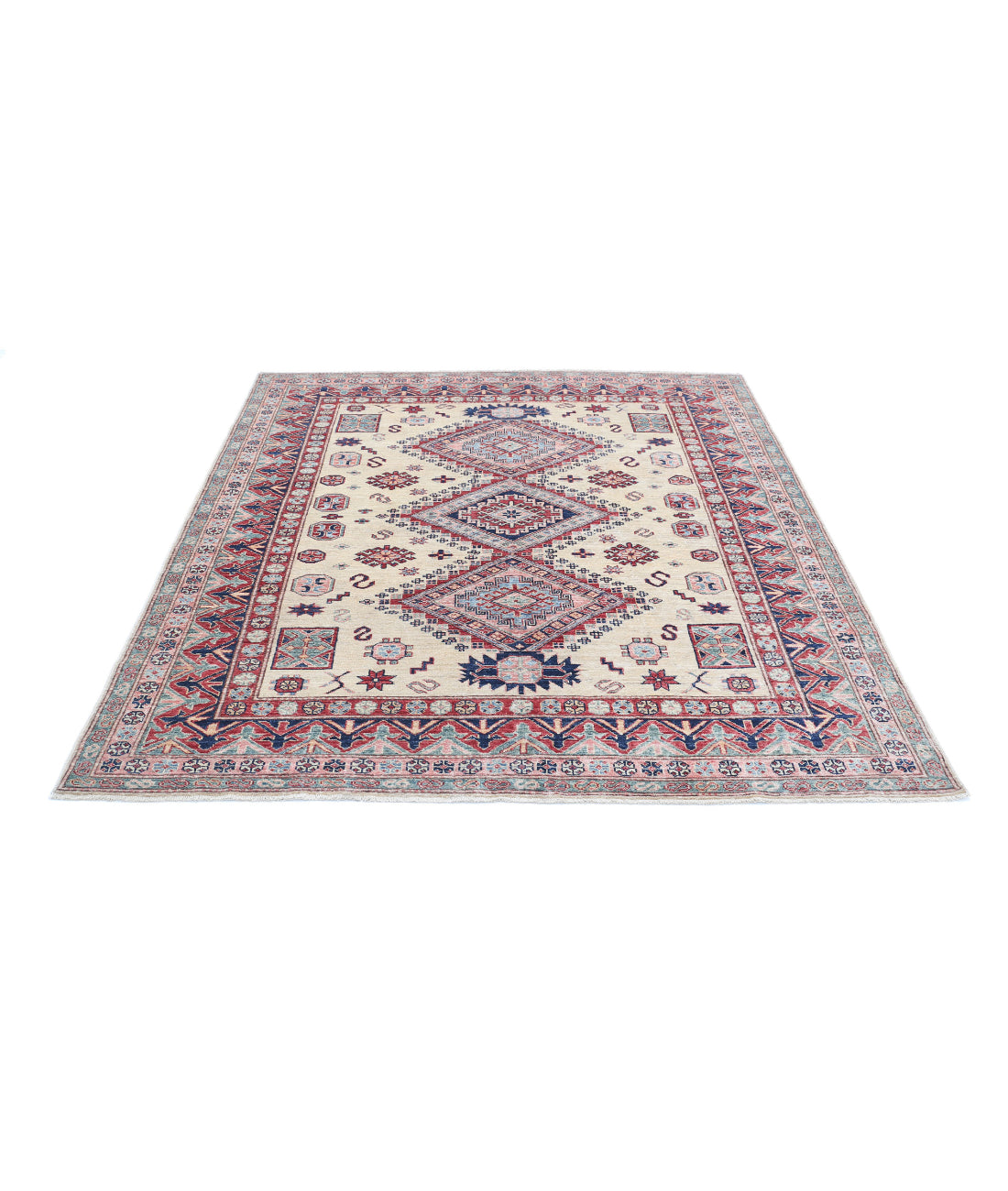 Hand Knotted Royal Kazak Wool Rug - 6'1'' x 6'6'' 6'1'' x 6'6'' (183 X 195) / Ivory / Red