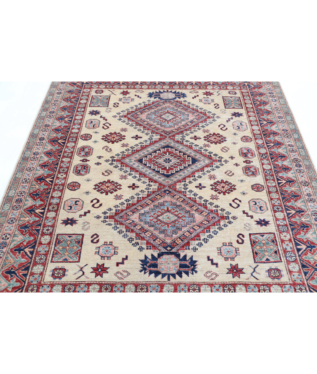 Hand Knotted Royal Kazak Wool Rug - 6'1'' x 6'6'' 6'1'' x 6'6'' (183 X 195) / Ivory / Red