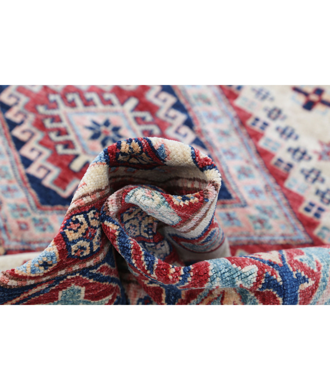 Hand Knotted Royal Kazak Wool Rug - 6'1'' x 6'6'' 6'1'' x 6'6'' (183 X 195) / Ivory / Red