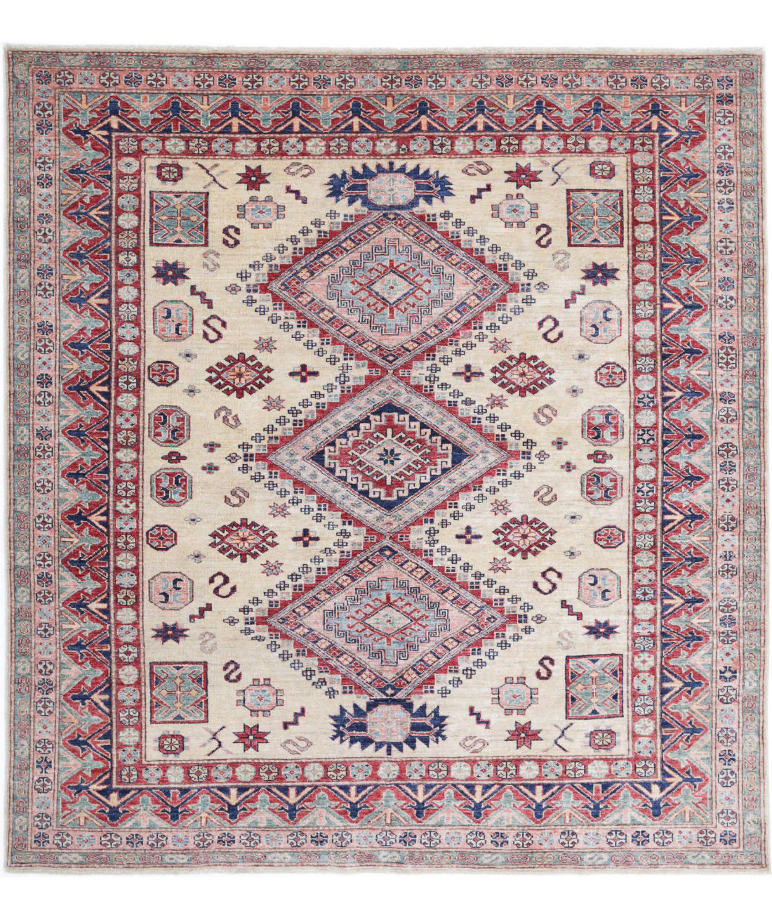 Hand Knotted Royal Kazak Wool Rug - 6'1'' x 6'6'' 6'1'' x 6'6'' (183 X 195) / Ivory / Red