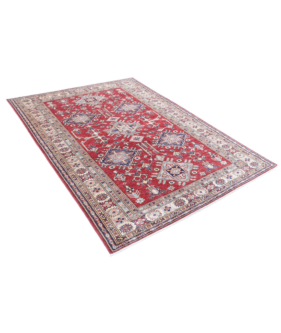 Hand Knotted Royal Kazak Wool Rug - 5'8'' x 7'8'' 5'8'' x 7'8'' (170 X 230) / Red / Ivory