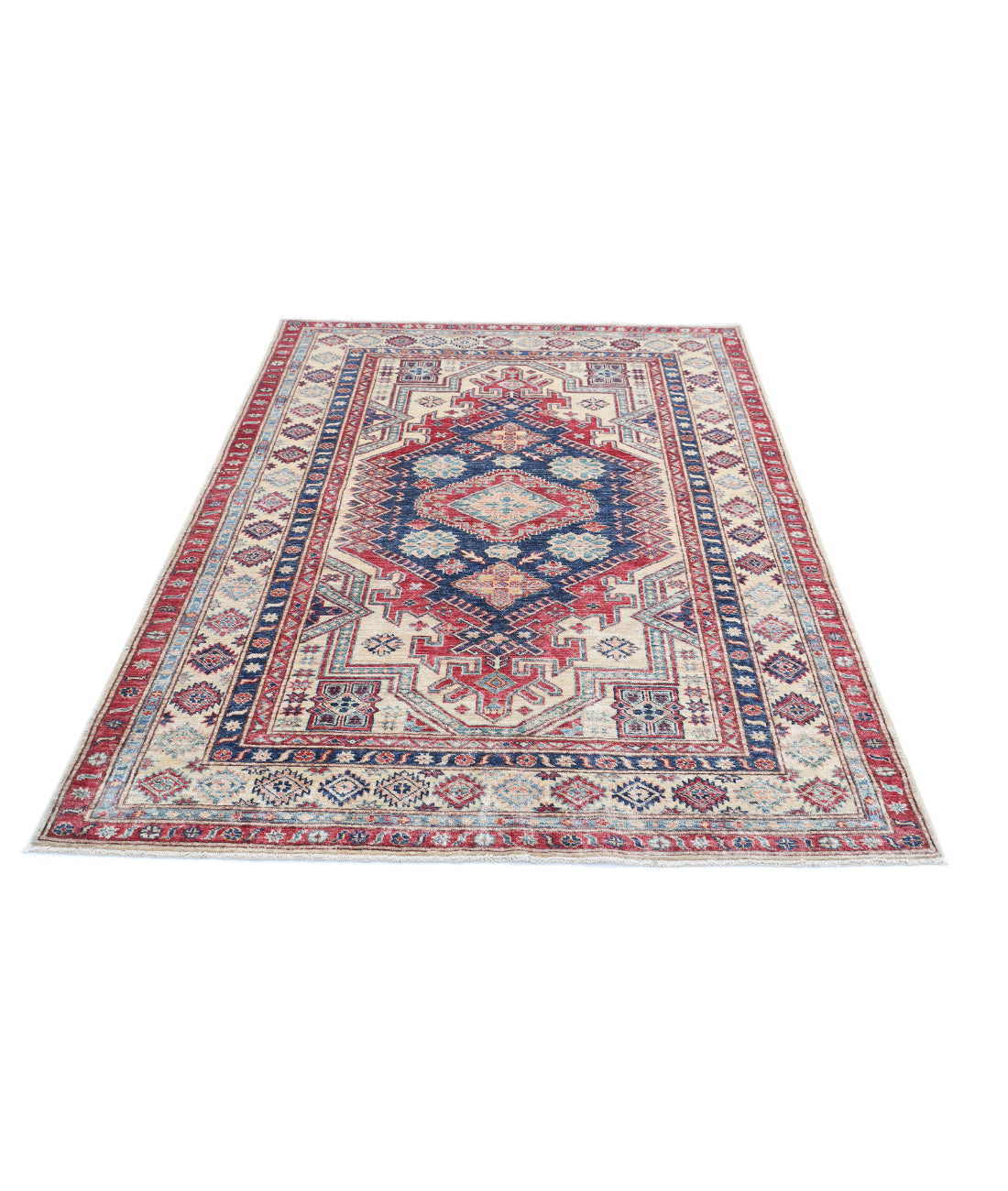 Hand Knotted Royal Kazak Wool Rug - 4'8'' x 6'8'' 4'8'' x 6'8'' (140 X 200) / Blue / Ivory