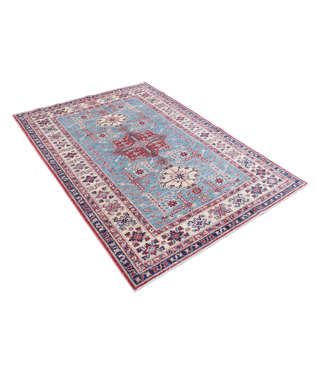 Hand Knotted Royal Kazak Wool Rug - 4'9'' x 6'5'' 4'9'' x 6'5'' (143 X 193) / Blue / Ivory