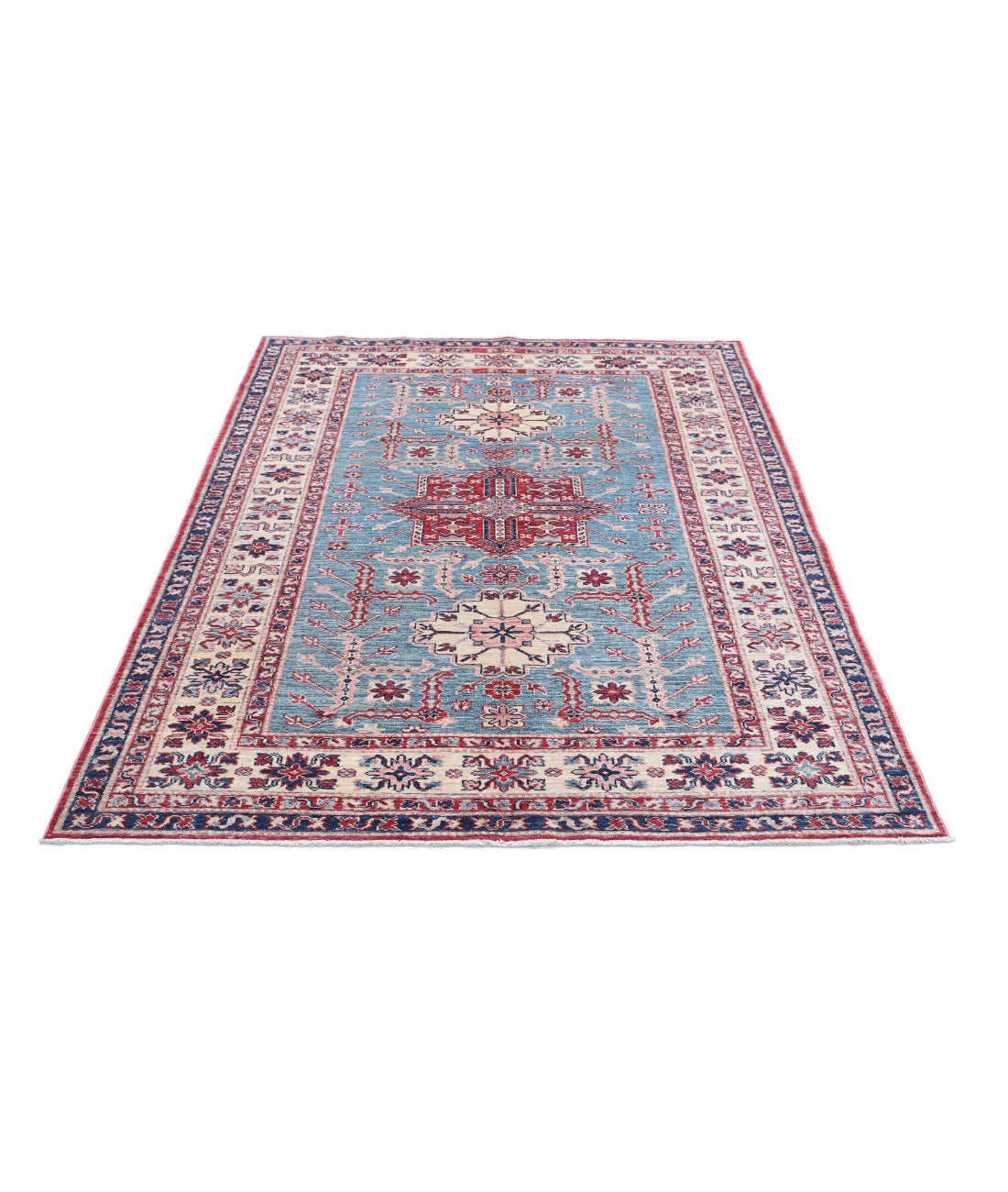Hand Knotted Royal Kazak Wool Rug - 4'9'' x 6'5'' 4'9'' x 6'5'' (143 X 193) / Blue / Ivory