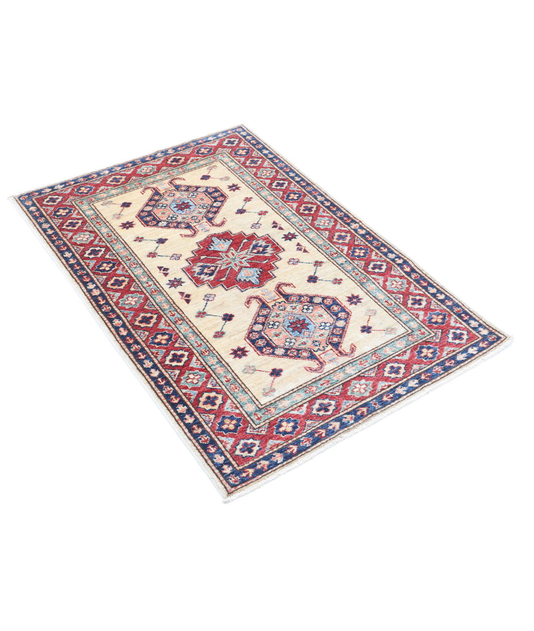 Hand Knotted Royal Kazak Wool Rug - 2'10'' x 4'0'' 2'10'' x 4'0'' (85 X 120) / Ivory / Red