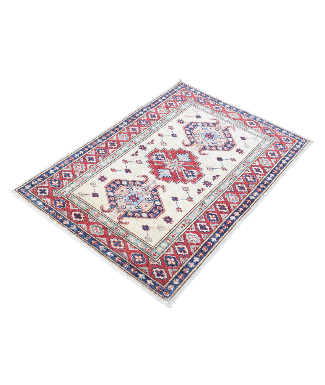 Hand Knotted Royal Kazak Wool Rug - 2'10'' x 4'0'' 2'10'' x 4'0'' (85 X 120) / Ivory / Red