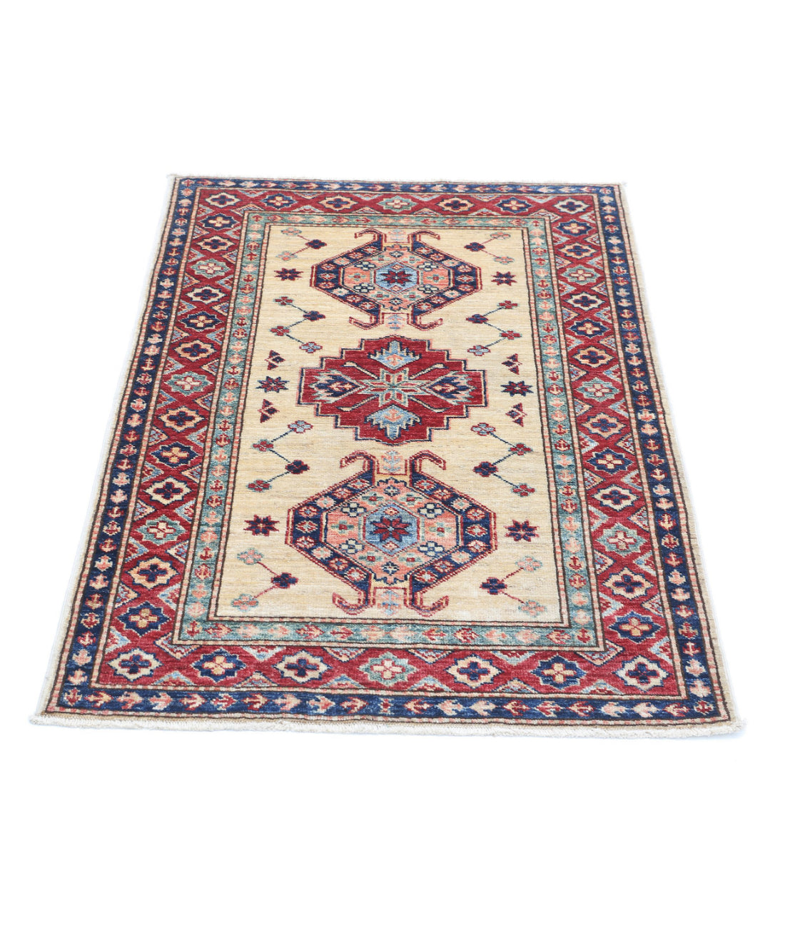 Hand Knotted Royal Kazak Wool Rug - 2'10'' x 4'0'' 2'10'' x 4'0'' (85 X 120) / Ivory / Red