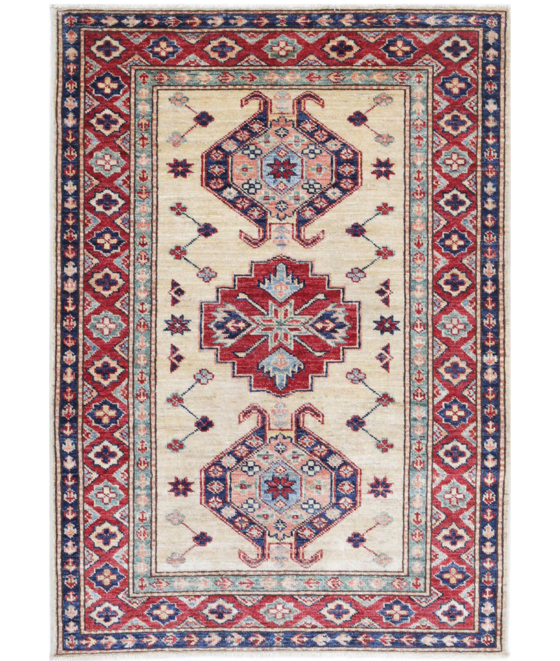 Hand Knotted Royal Kazak Wool Rug - 2&#39;10&#39;&#39; x 4&#39;0&#39;&#39; 2&#39;10&#39;&#39; x 4&#39;0&#39;&#39; (85 X 120) / Ivory / Red