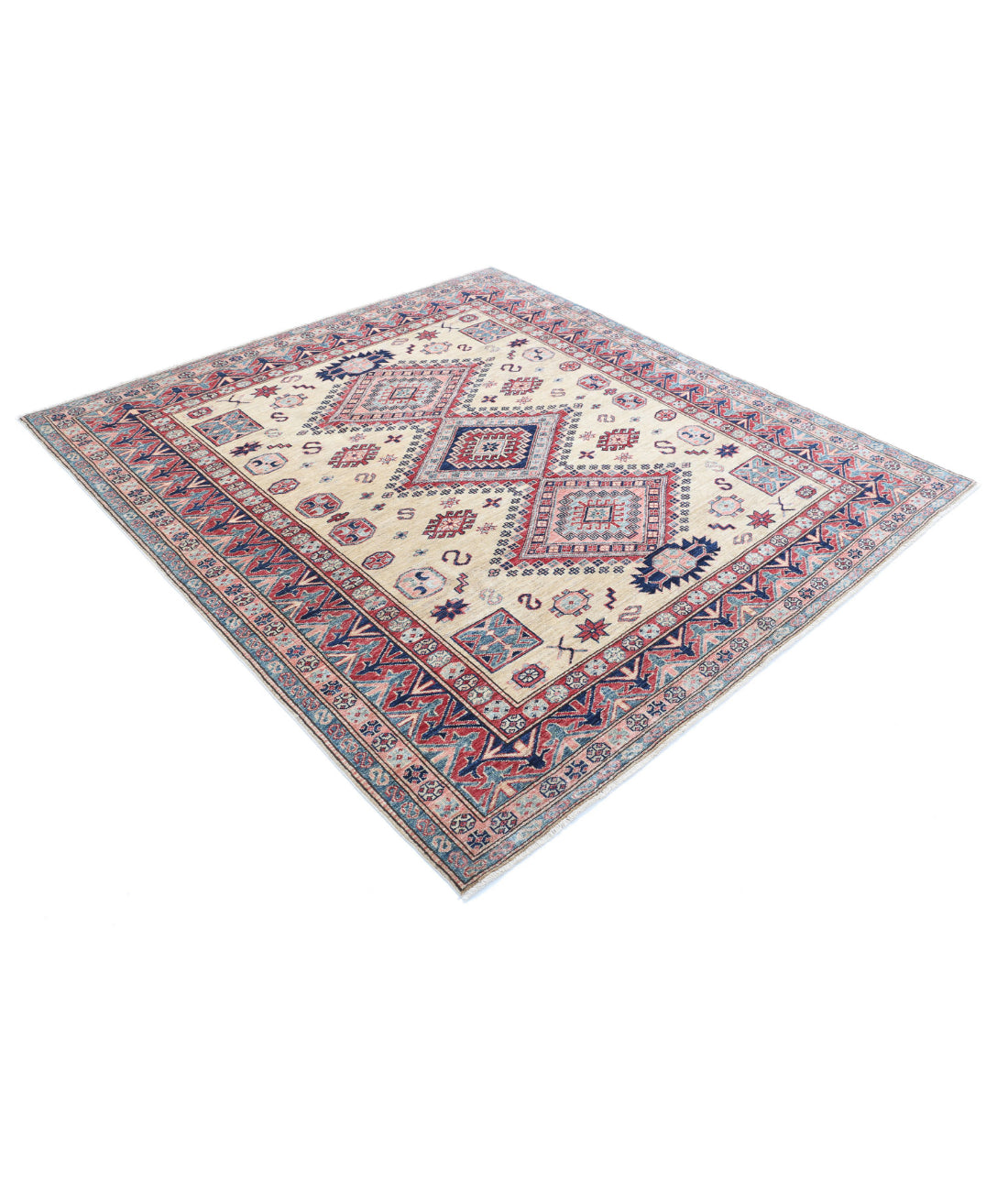 Hand Knotted Royal Kazak Wool Rug - 6'2'' x 6'8'' 6'2'' x 6'8'' (185 X 200) / Ivory / Red