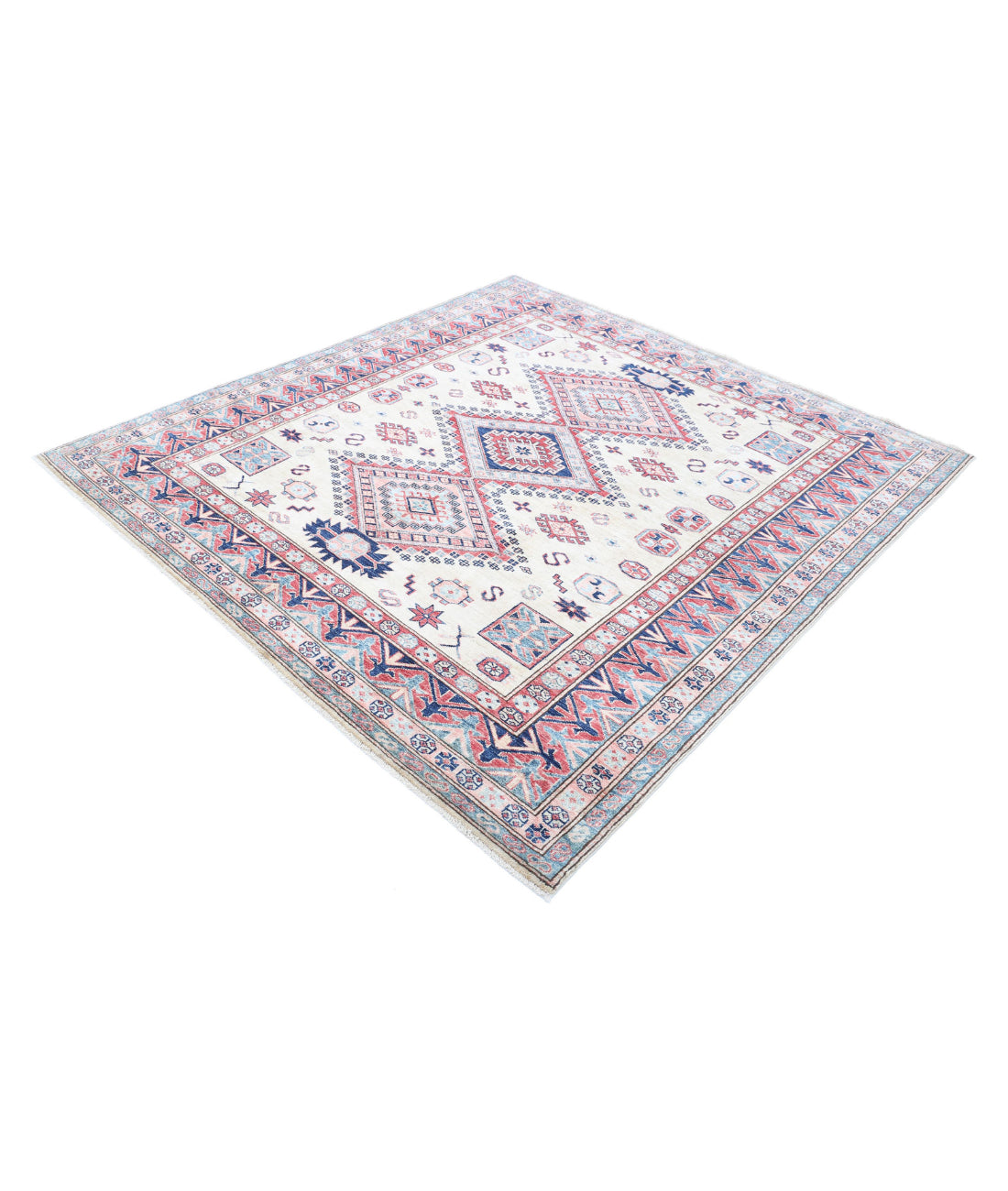 Hand Knotted Royal Kazak Wool Rug - 6'2'' x 6'8'' 6'2'' x 6'8'' (185 X 200) / Ivory / Red
