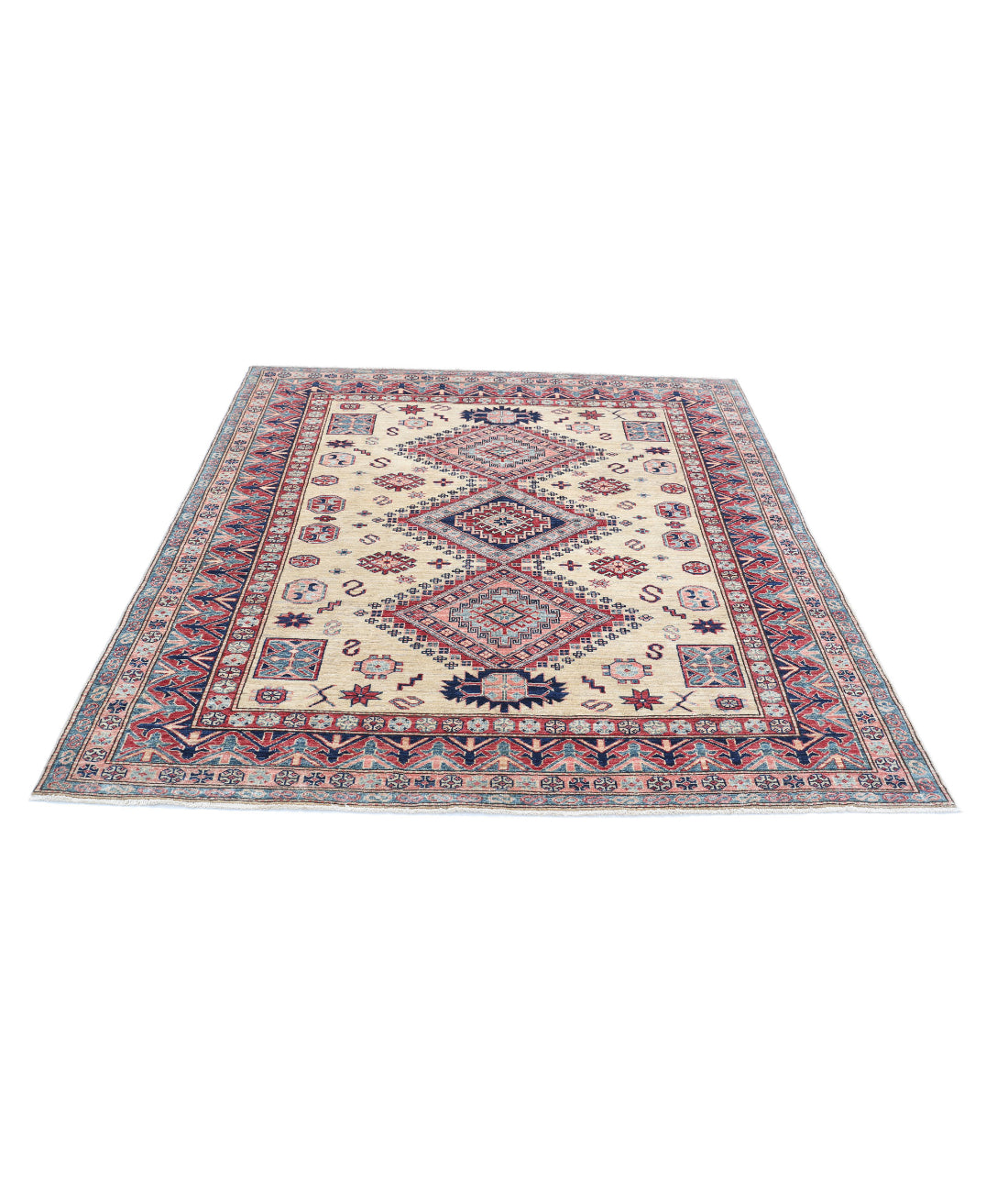 Hand Knotted Royal Kazak Wool Rug - 6'2'' x 6'8'' 6'2'' x 6'8'' (185 X 200) / Ivory / Red