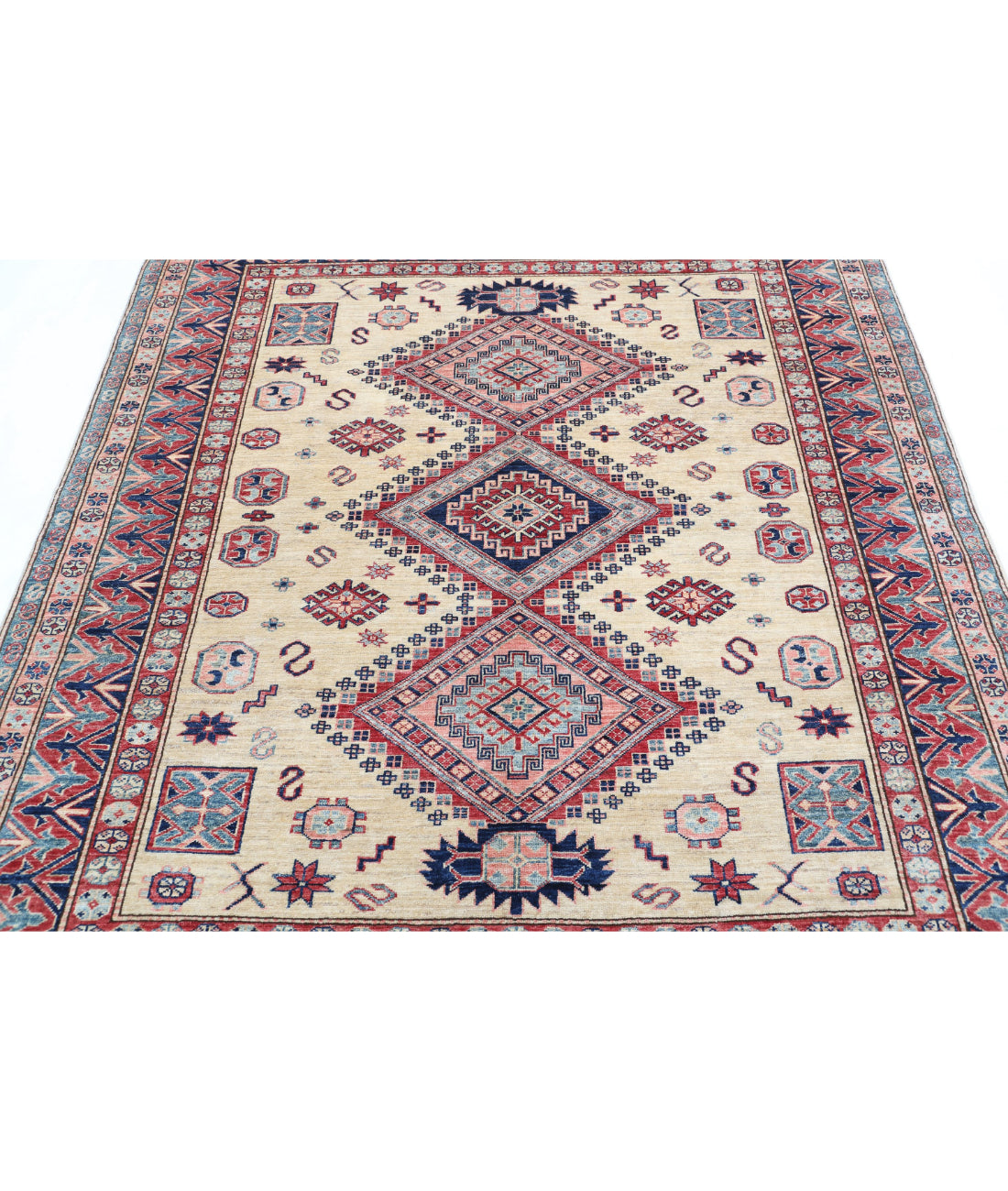 Hand Knotted Royal Kazak Wool Rug - 6'2'' x 6'8'' 6'2'' x 6'8'' (185 X 200) / Ivory / Red