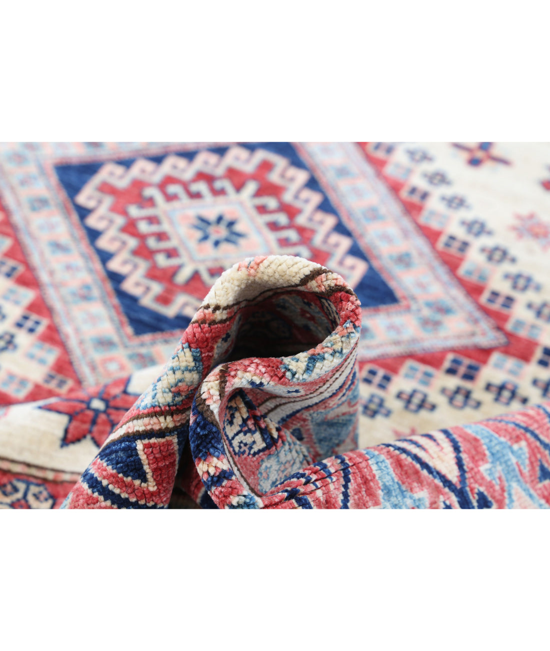 Hand Knotted Royal Kazak Wool Rug - 6'2'' x 6'8'' 6'2'' x 6'8'' (185 X 200) / Ivory / Red