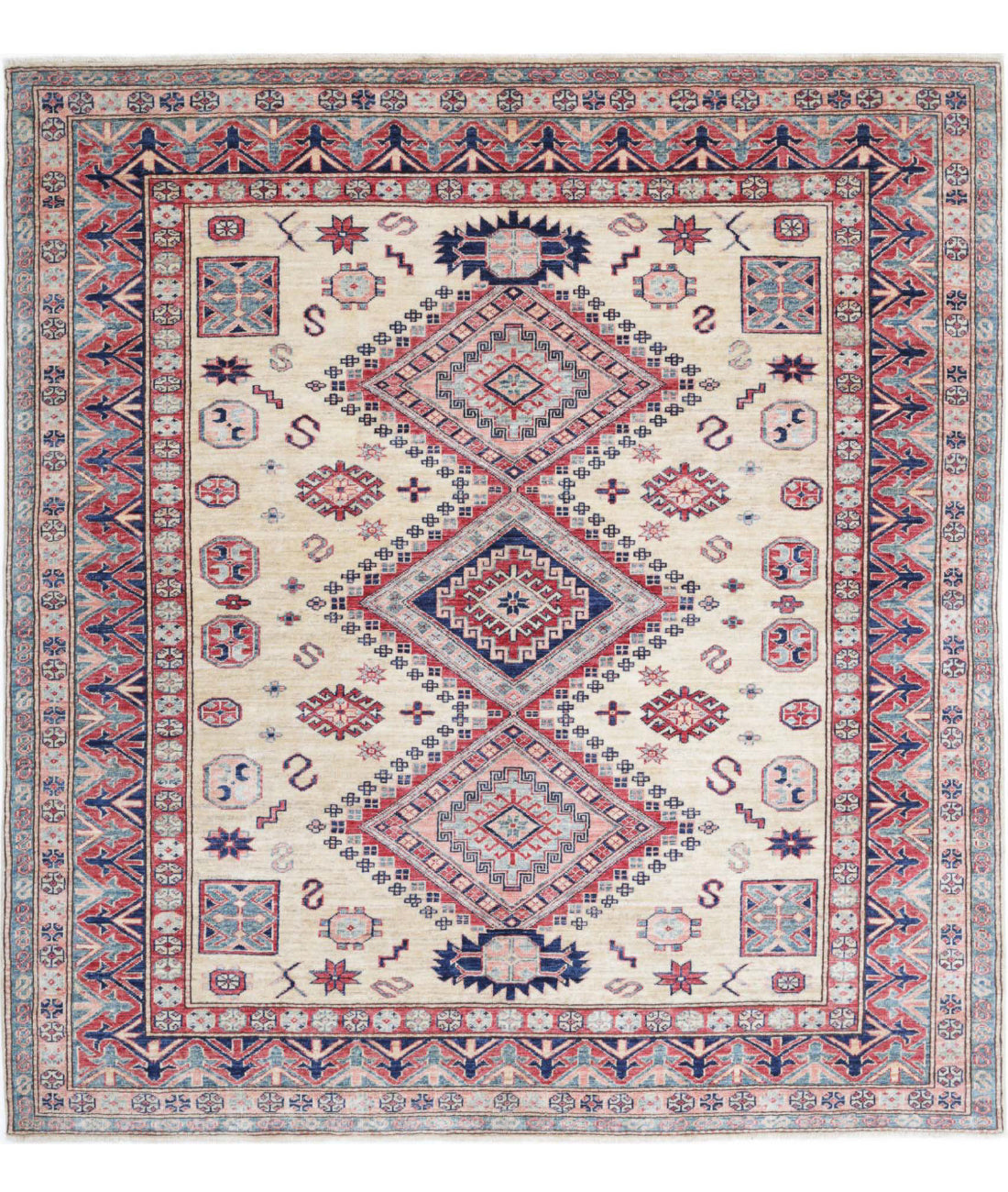 Hand Knotted Royal Kazak Wool Rug - 6&#39;2&#39;&#39; x 6&#39;8&#39;&#39; 6&#39;2&#39;&#39; x 6&#39;8&#39;&#39; (185 X 200) / Ivory / Red