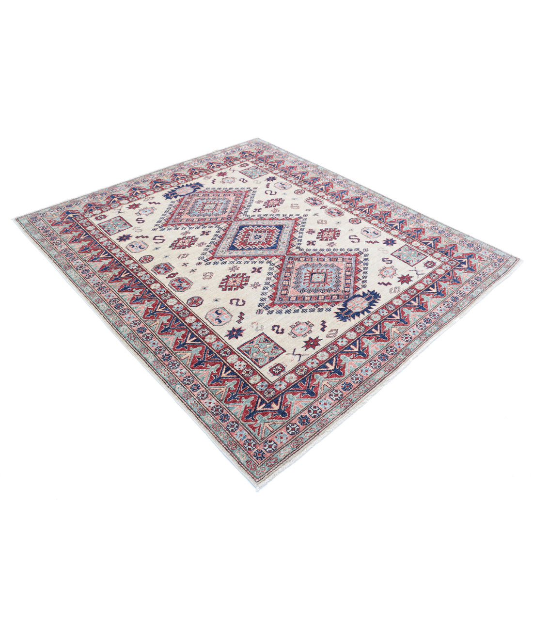Hand Knotted Royal Kazak Wool Rug - 5'11'' x 6'7'' 5'11'' x 6'7'' (178 X 198) / Ivory / Red