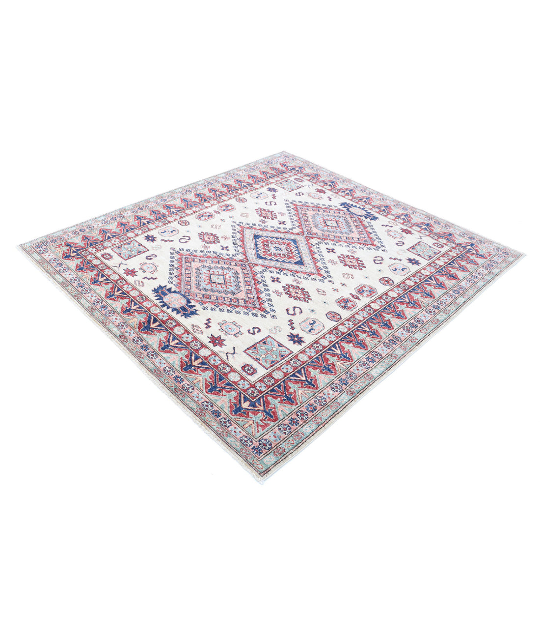Hand Knotted Royal Kazak Wool Rug - 5'11'' x 6'7'' 5'11'' x 6'7'' (178 X 198) / Ivory / Red