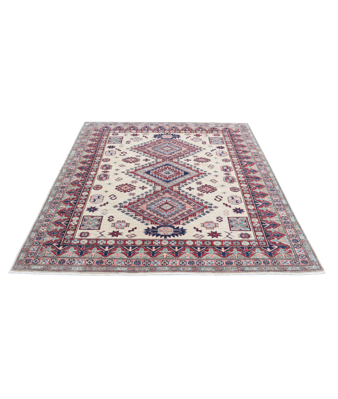Hand Knotted Royal Kazak Wool Rug - 5'11'' x 6'7'' 5'11'' x 6'7'' (178 X 198) / Ivory / Red