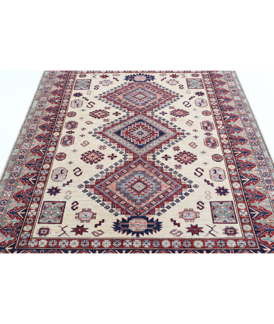 Hand Knotted Royal Kazak Wool Rug - 5'11'' x 6'7'' 5'11'' x 6'7'' (178 X 198) / Ivory / Red