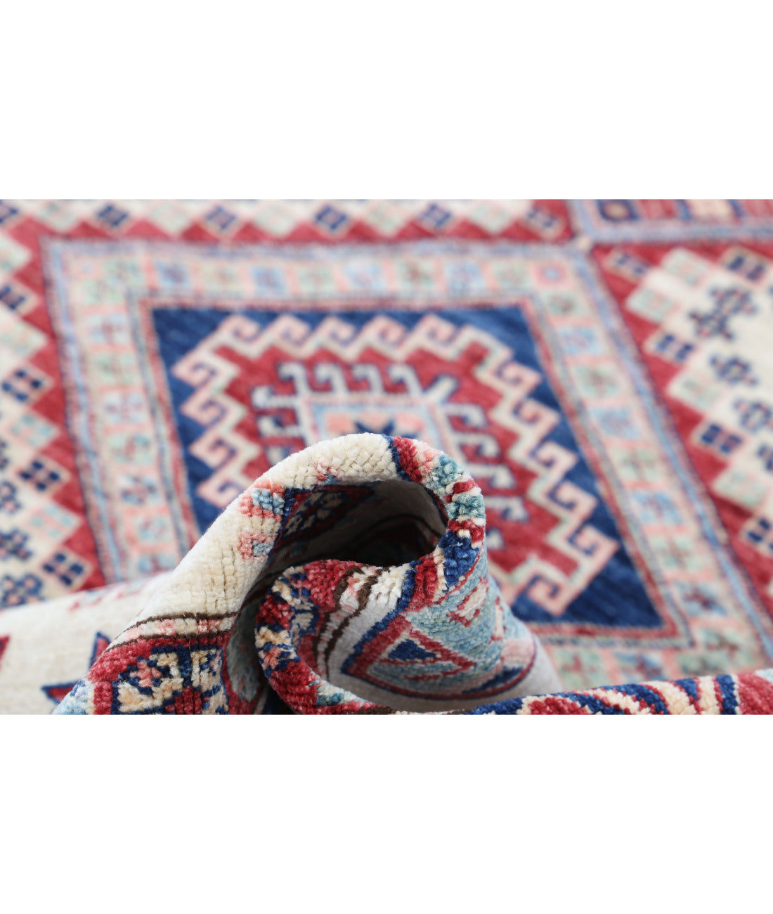 Hand Knotted Royal Kazak Wool Rug - 5'11'' x 6'7'' 5'11'' x 6'7'' (178 X 198) / Ivory / Red