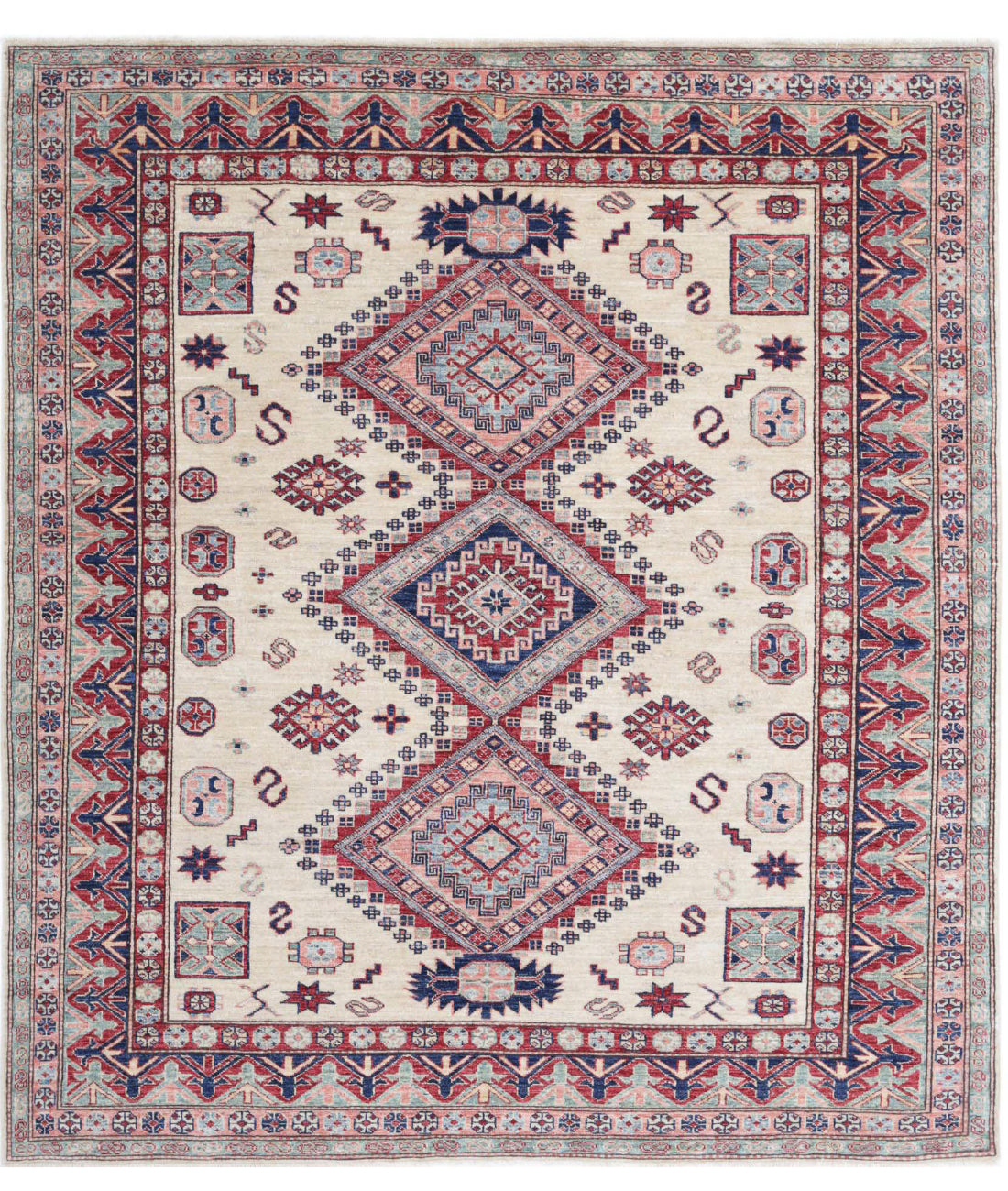 Hand Knotted Royal Kazak Wool Rug - 5'11'' x 6'7'' 5'11'' x 6'7'' (178 X 198) / Ivory / Red