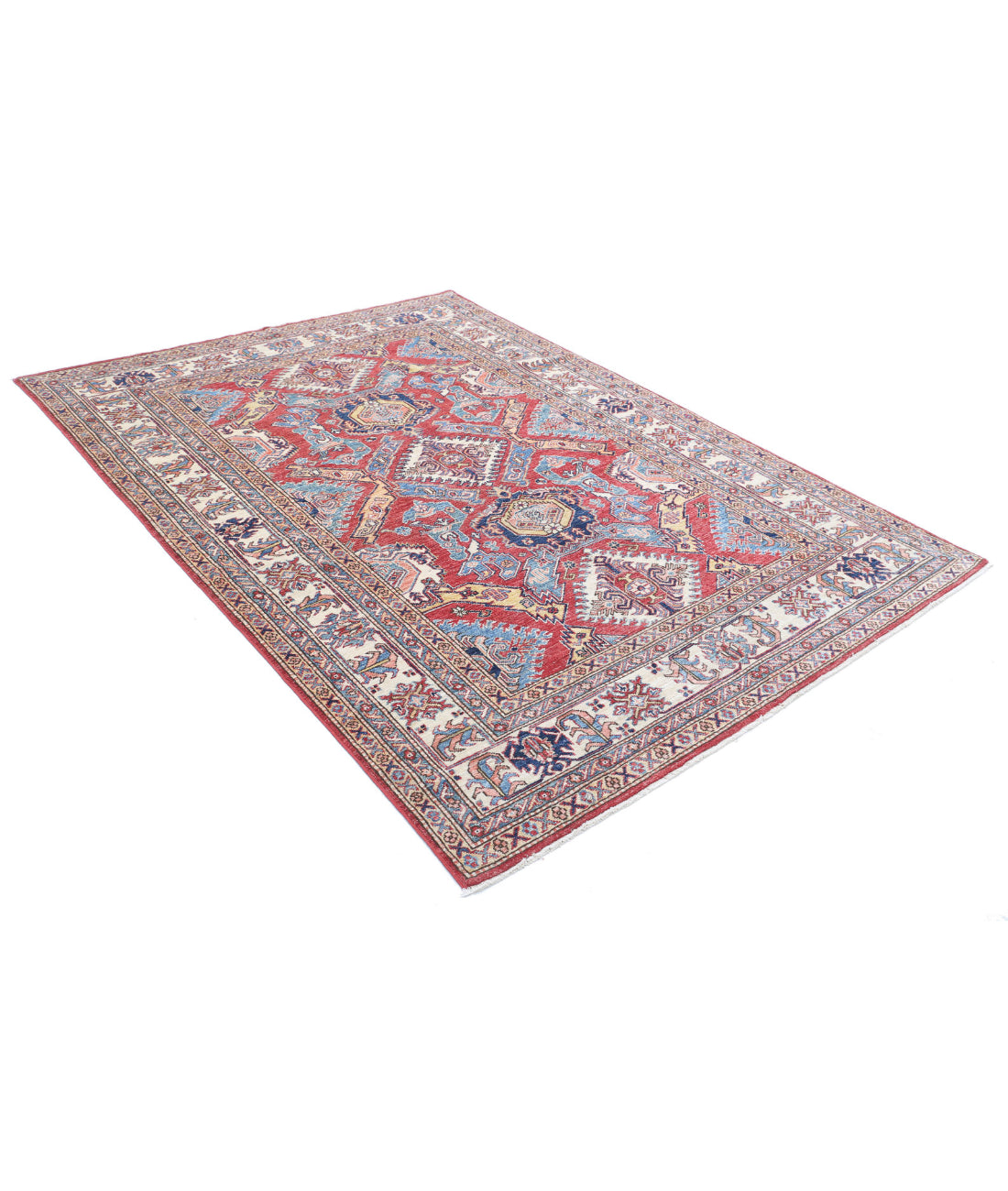 Hand Knotted Royal Kazak Wool Rug - 5'9'' x 7'11'' 5'9'' x 7'11'' (173 X 238) / Red / Ivory