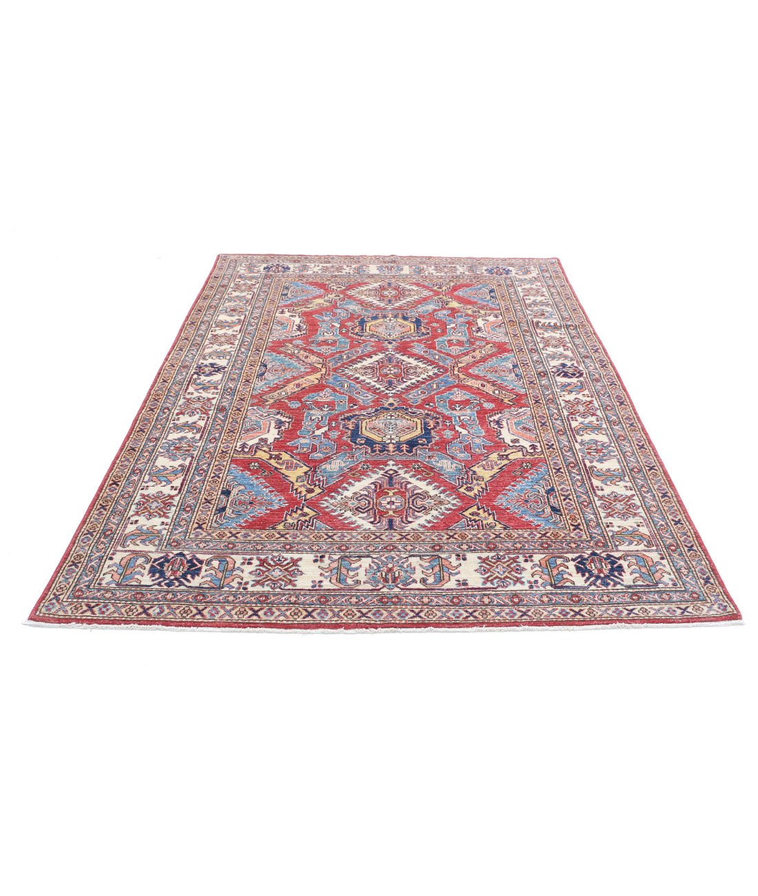 Hand Knotted Royal Kazak Wool Rug - 5'9'' x 7'11'' 5'9'' x 7'11'' (173 X 238) / Red / Ivory