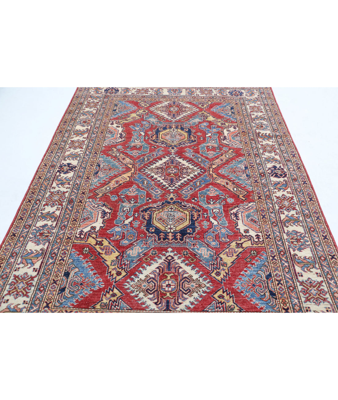 Hand Knotted Royal Kazak Wool Rug - 5'9'' x 7'11'' 5'9'' x 7'11'' (173 X 238) / Red / Ivory