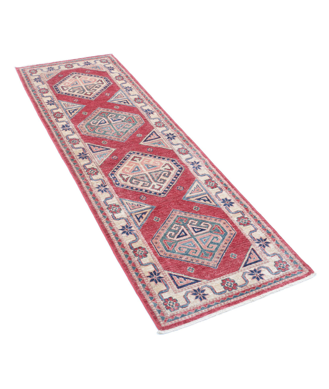 Hand Knotted Royal Kazak Wool Rug - 2'1'' x 6'6'' 2'1'' x 6'6'' (63 X 195) / Red / Ivory