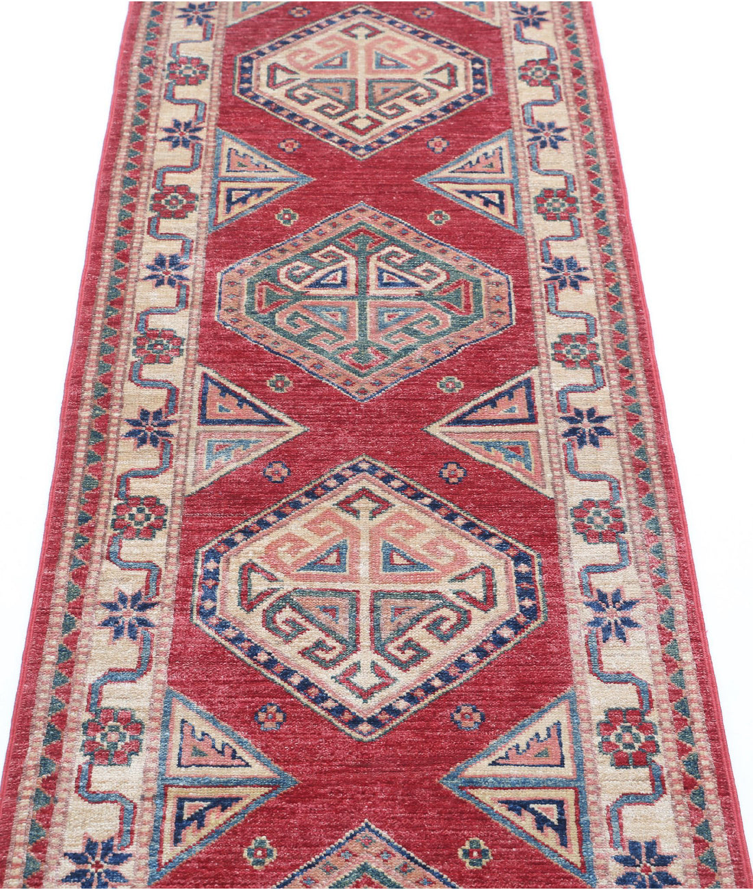 Hand Knotted Royal Kazak Wool Rug - 2'1'' x 6'6'' 2'1'' x 6'6'' (63 X 195) / Red / Ivory