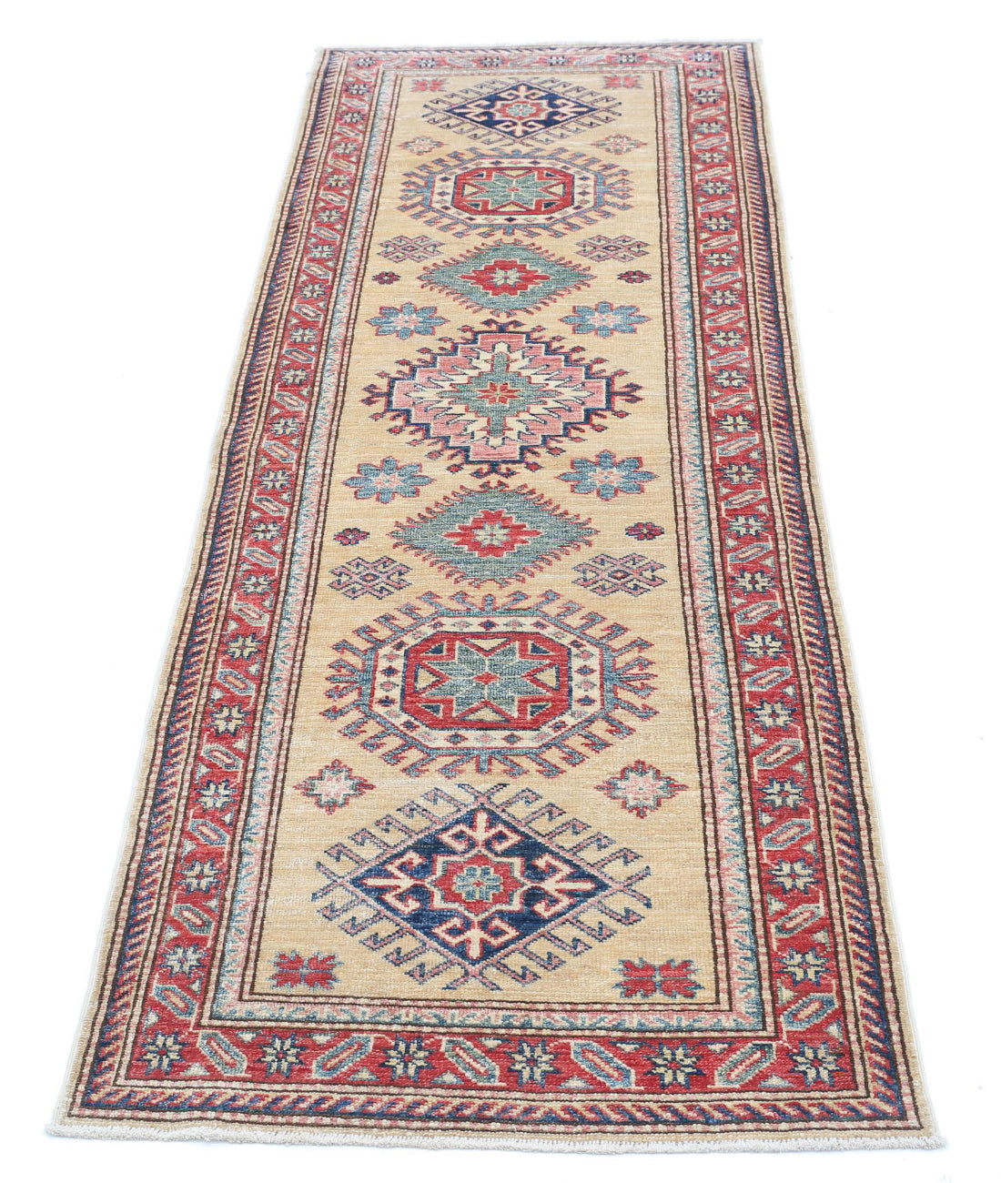 Hand Knotted Royal Kazak Wool Rug - 2'4'' x 6'9'' 2'4'' x 6'9'' (70 X 203) / Gold / Red