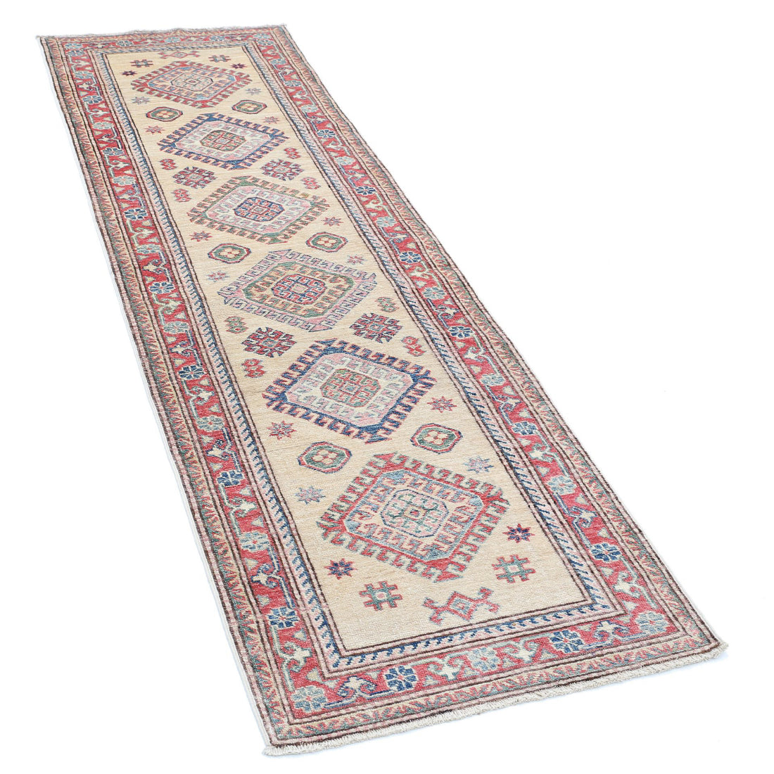 Alfombra de lana Kazak real anudada a mano - 2'3'' x 7'4''