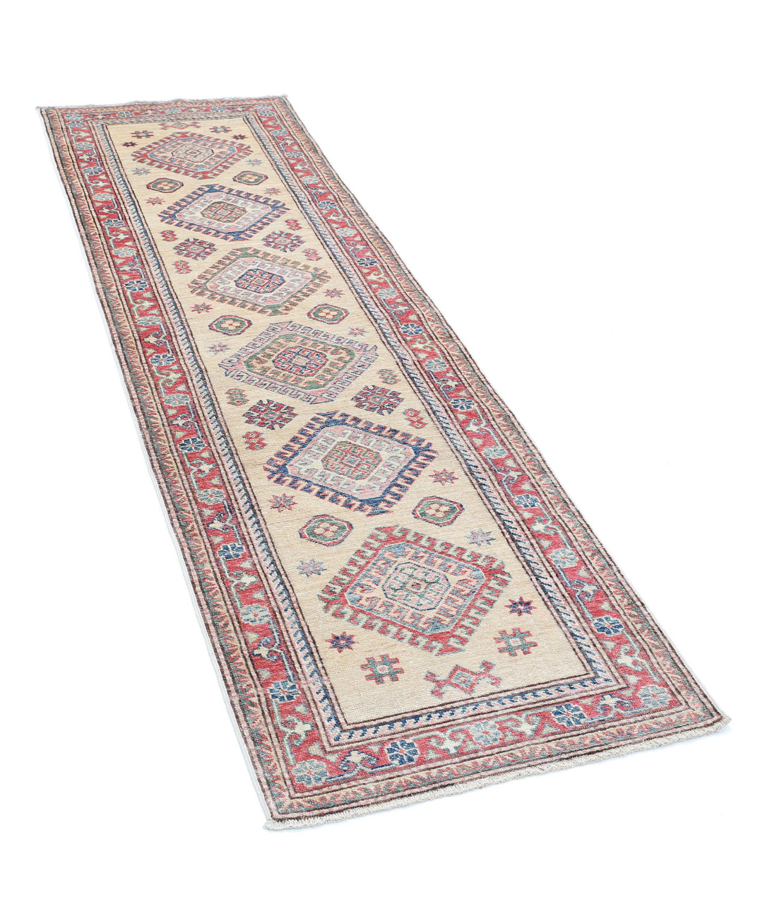 Alfombra de lana Kazak real anudada a mano - 2'3'' x 7'4''