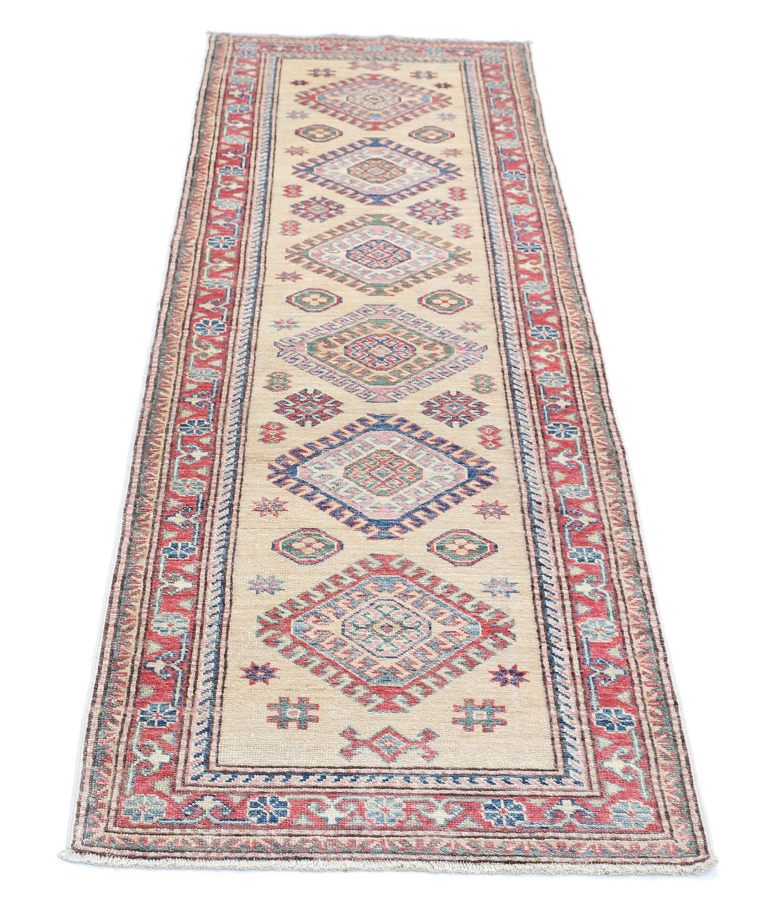 Alfombra de lana Kazak real anudada a mano - 2'3'' x 7'4''