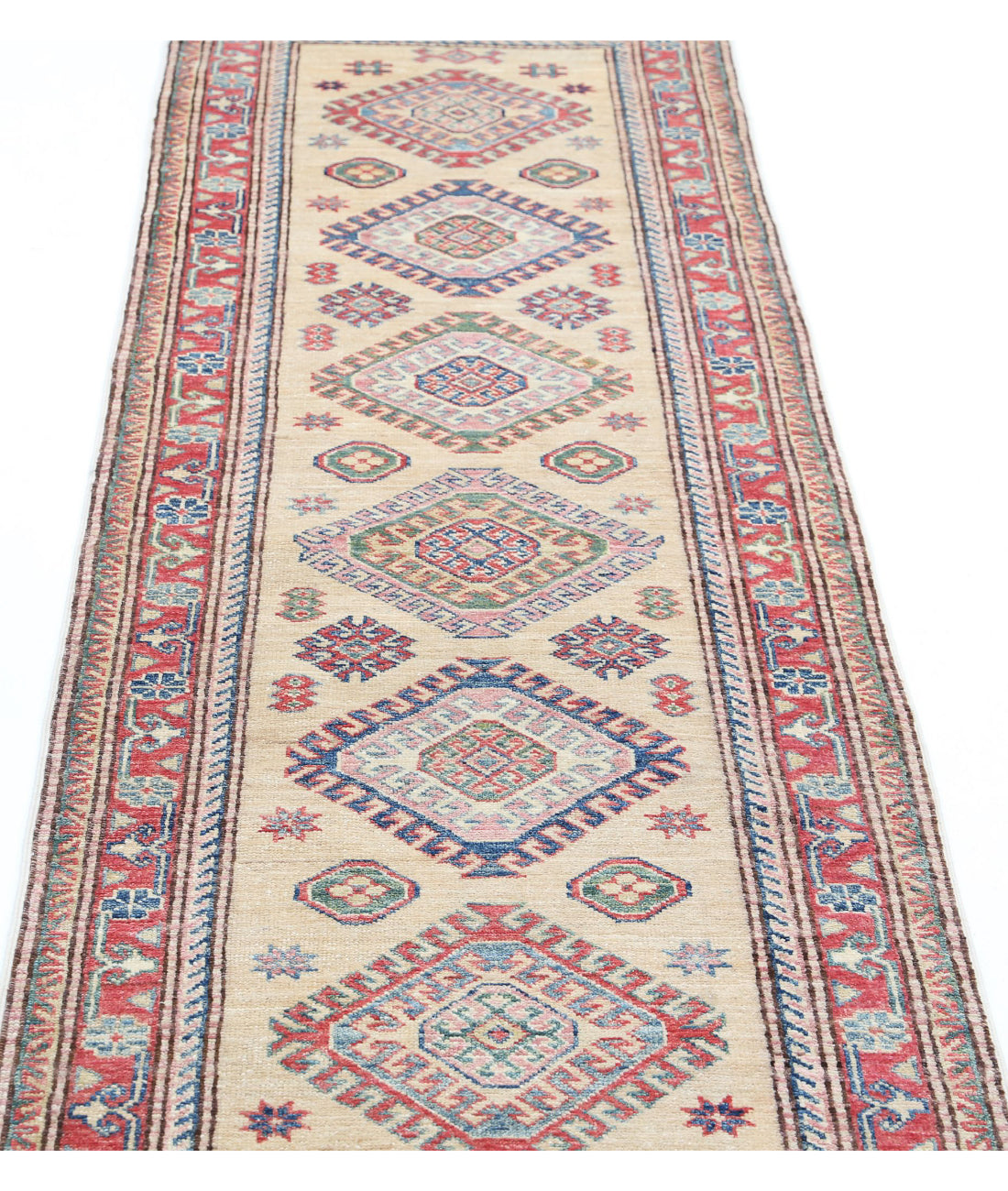 Alfombra de lana Kazak real anudada a mano - 2'3'' x 7'4''