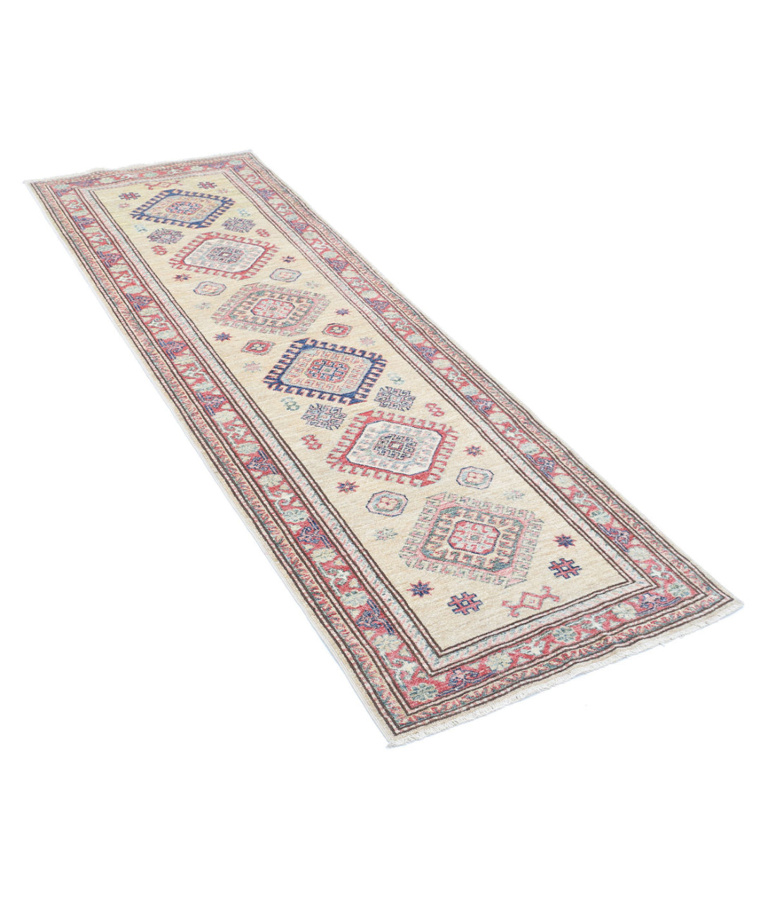 Hand Knotted Royal Kazak Wool Rug - 2'4'' x 6'10'' 2'4'' x 6'10'' (70 X 205) / Beige / Red