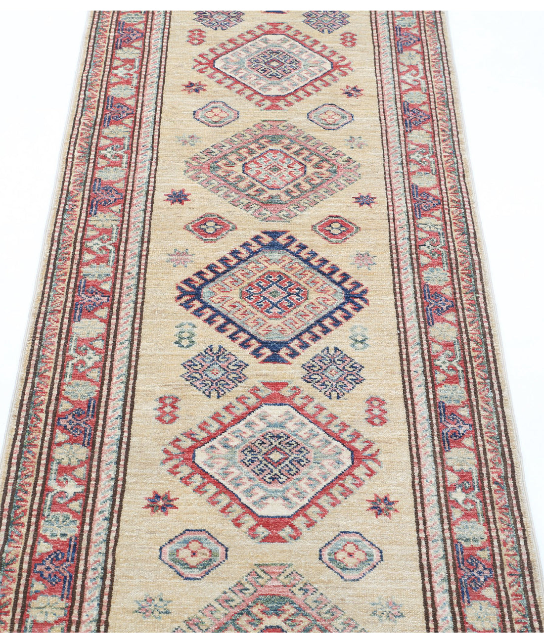 Hand Knotted Royal Kazak Wool Rug - 2'4'' x 6'10'' 2'4'' x 6'10'' (70 X 205) / Beige / Red