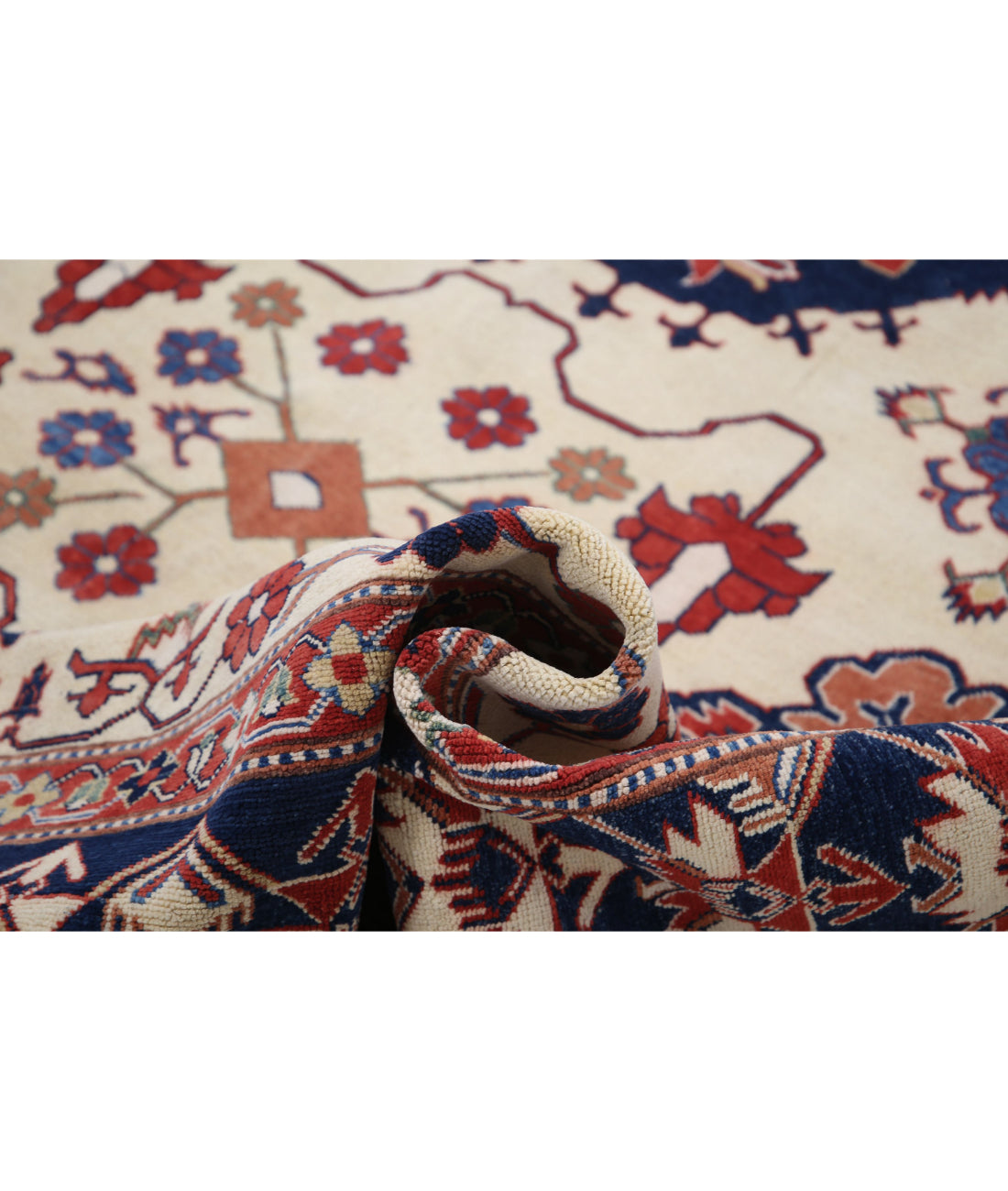 Hand Knotted Royal Kazak Wool Rug - 8'5'' x 11'10'' 8'5'' x 11'10'' (253 X 355) / Ivory / Blue