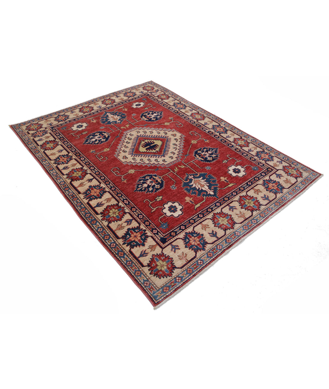 Hand Knotted Royal Kazak Wool Rug - 5'0'' x 6'4'' 5'0'' x 6'4'' (150 X 190) / Red / Ivory