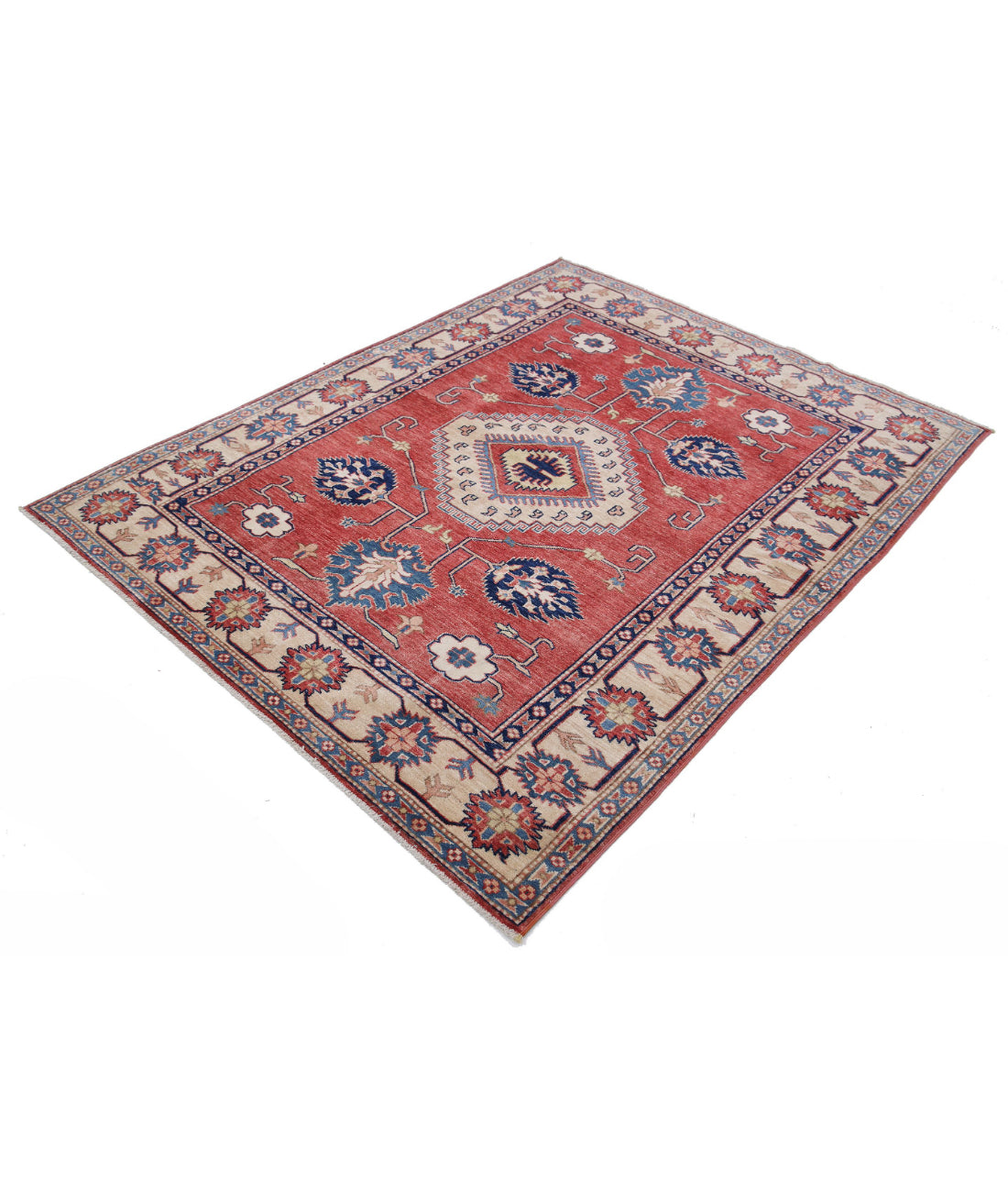 Hand Knotted Royal Kazak Wool Rug - 5'0'' x 6'4'' 5'0'' x 6'4'' (150 X 190) / Red / Ivory