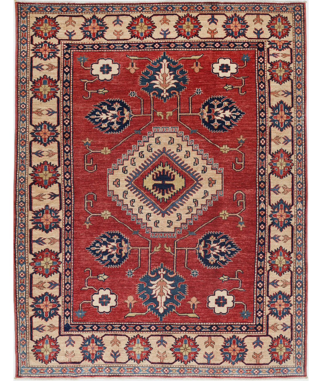 Hand Knotted Royal Kazak Wool Rug - 5'0'' x 6'4'' 5'0'' x 6'4'' (150 X 190) / Red / Ivory