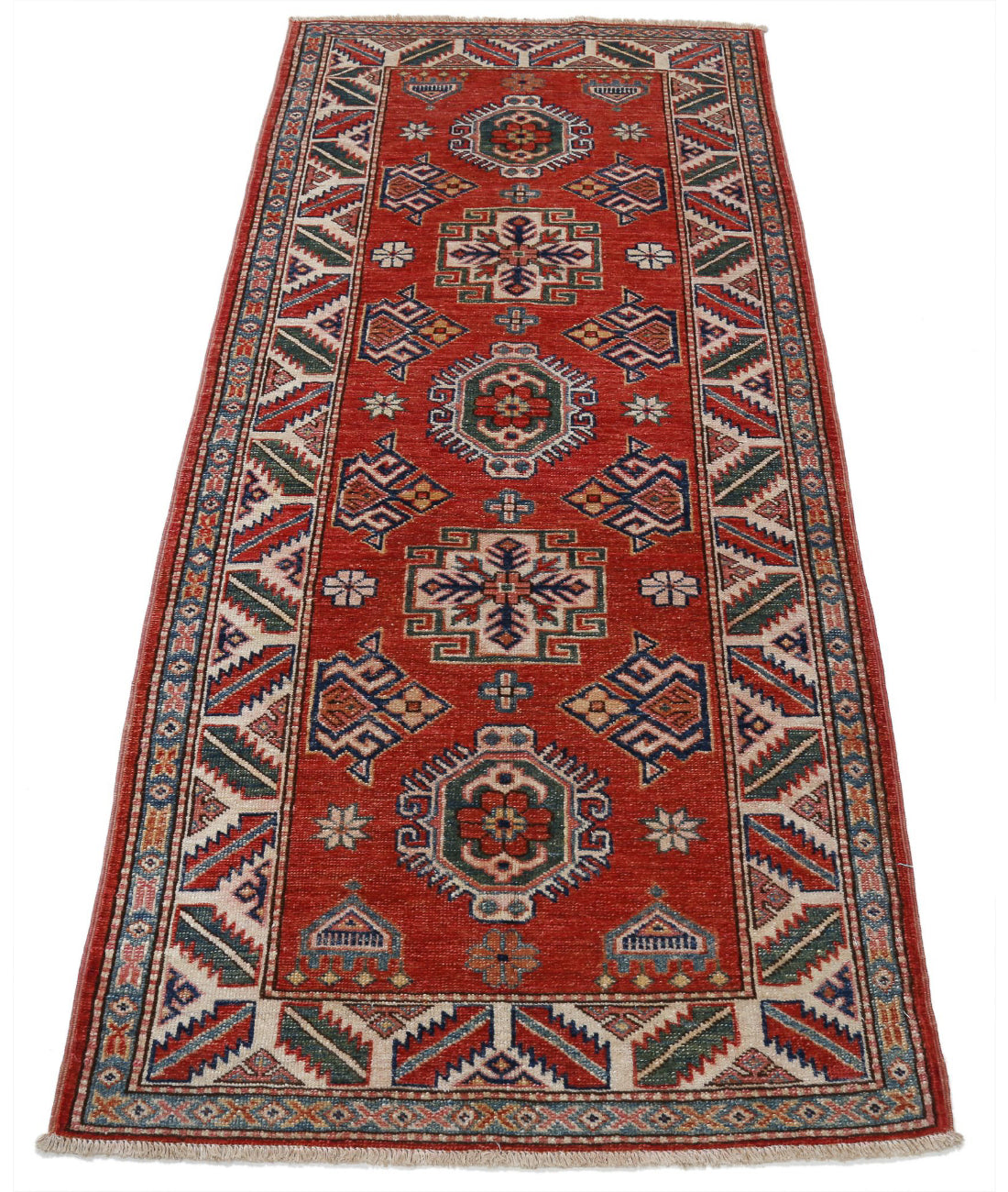 Hand Knotted Royal Kazak Wool Rug - 2'7'' x 5'10'' 2'7'' x 5'10'' (78 X 175) / Red / Ivory