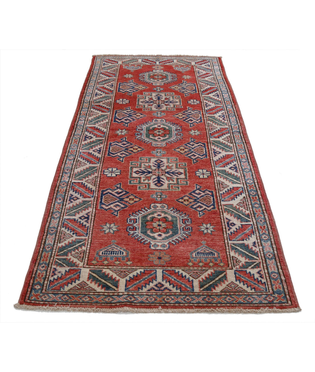 Hand Knotted Royal Kazak Wool Rug - 2'7'' x 5'10'' 2'7'' x 5'10'' (78 X 175) / Red / Ivory