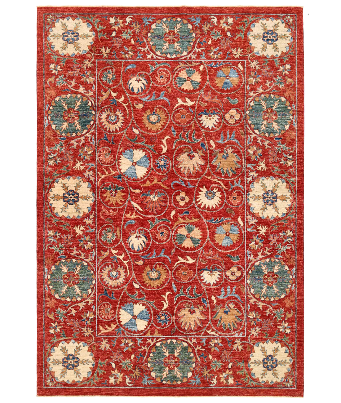 Hand Knotted Suzani Wool Rug  - 6&#39; 2&quot; X 9&#39; 0&quot;
