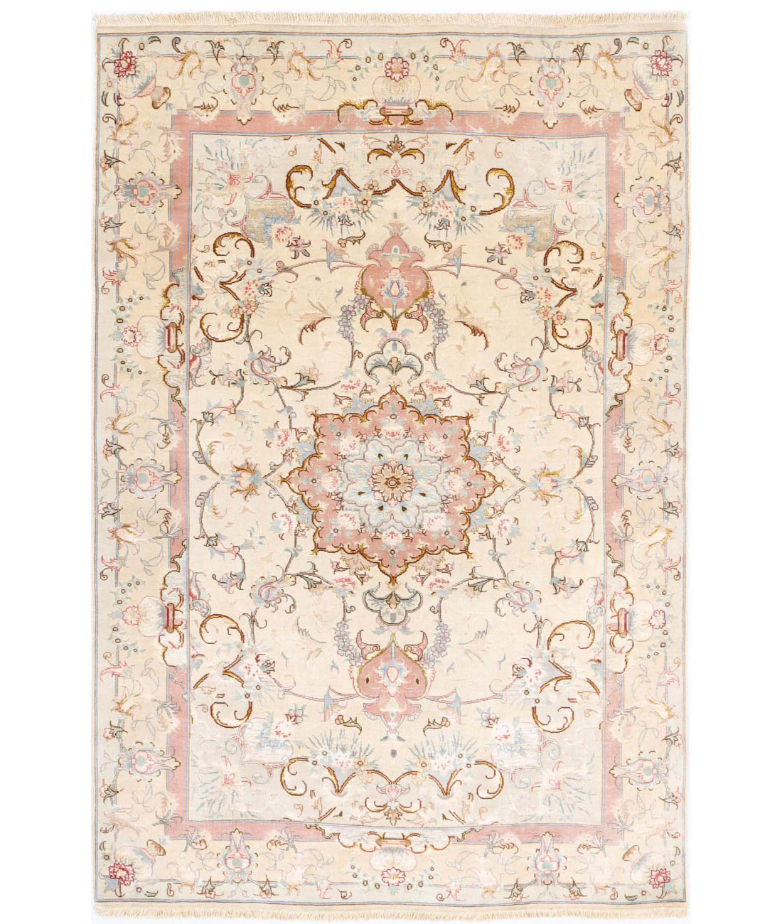 Hand Knotted Masterpiece Persian Tabriz Fine Wool &amp; Silk Rug - 3&#39;3&#39;&#39; x 5&#39;0&#39;&#39; 3&#39;3&#39;&#39; x 5&#39;0&#39;&#39; (98 X 150) / Ivory / Gold
