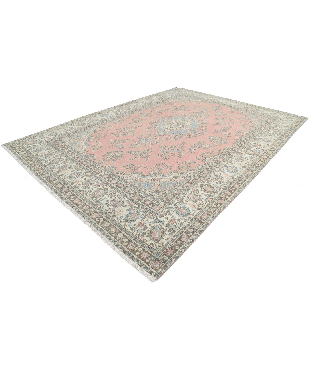 Hand Knotted Vintage Persian Tabriz Wool Rug - 10'0'' x 13'8'' 10'0'' x 13'8'' (300 X 410) / Pink / Ivory