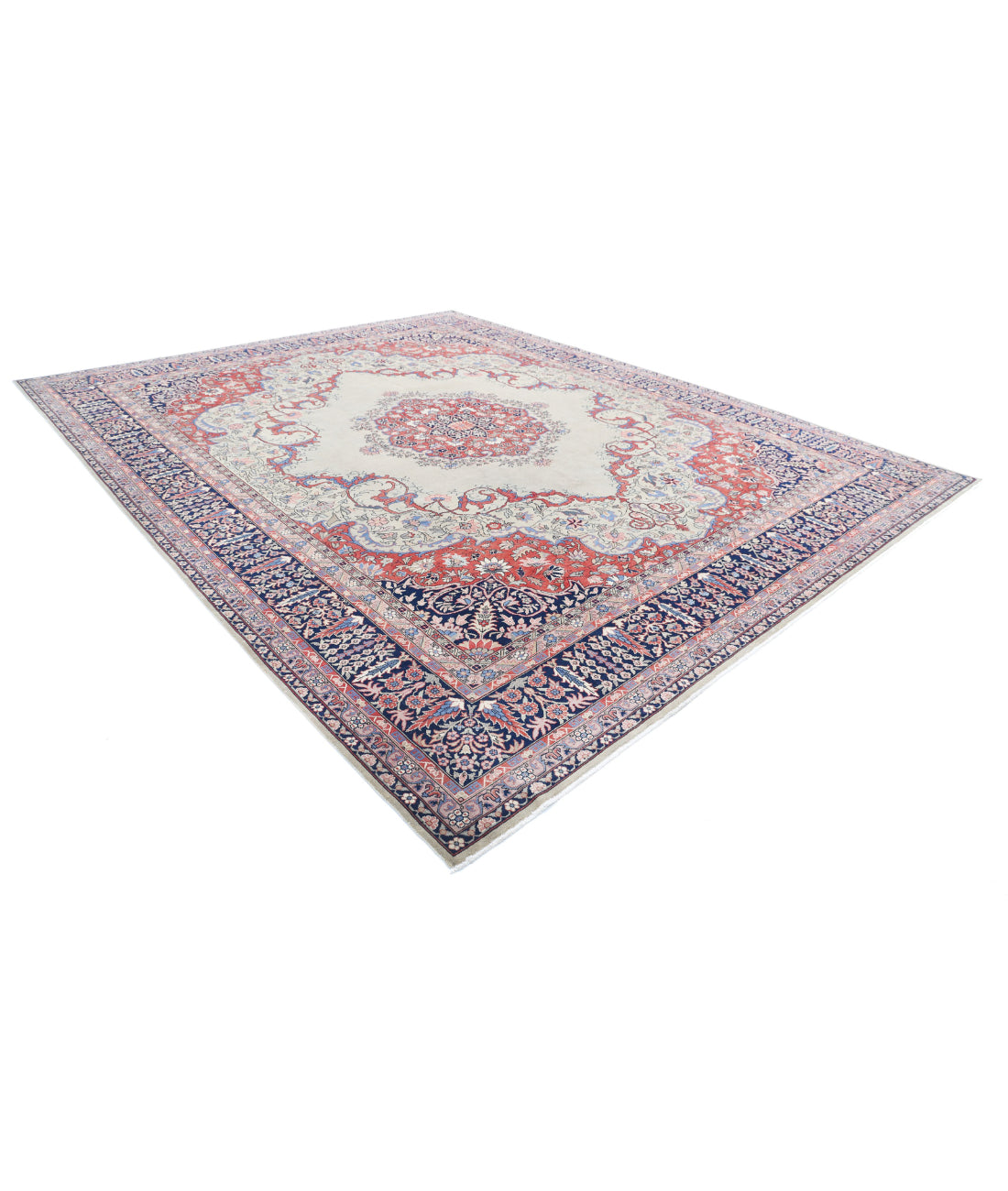 Hand Knotted Antique Persian Tabriz Wool Rug - 11'7'' x 14'5'' 11'7'' x 14'5'' (348 X 433) / Ivory / Blue