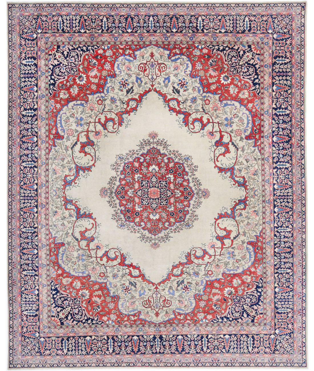 Hand Knotted Antique Persian Tabriz Wool Rug - 11'7'' x 14'5'' 11'7'' x 14'5'' (348 X 433) / Ivory / Blue