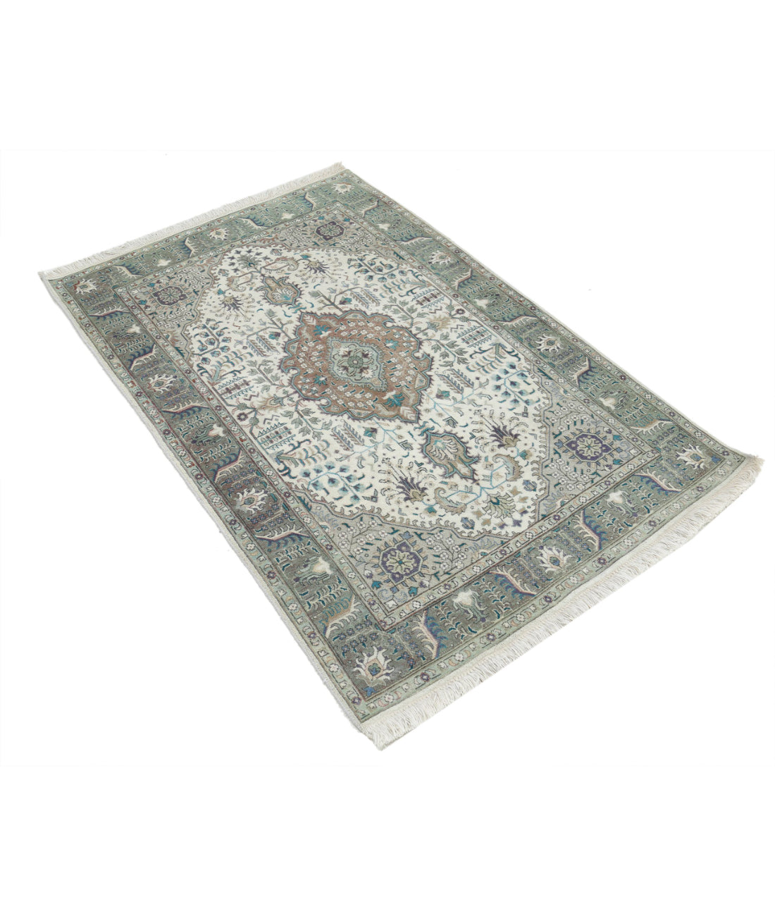 Hand Knotted Vintage Persian Tabriz Wool Rug - 3'2'' x 5'0'' 3'2'' x 5'0'' (95 X 150) / Ivory / Green