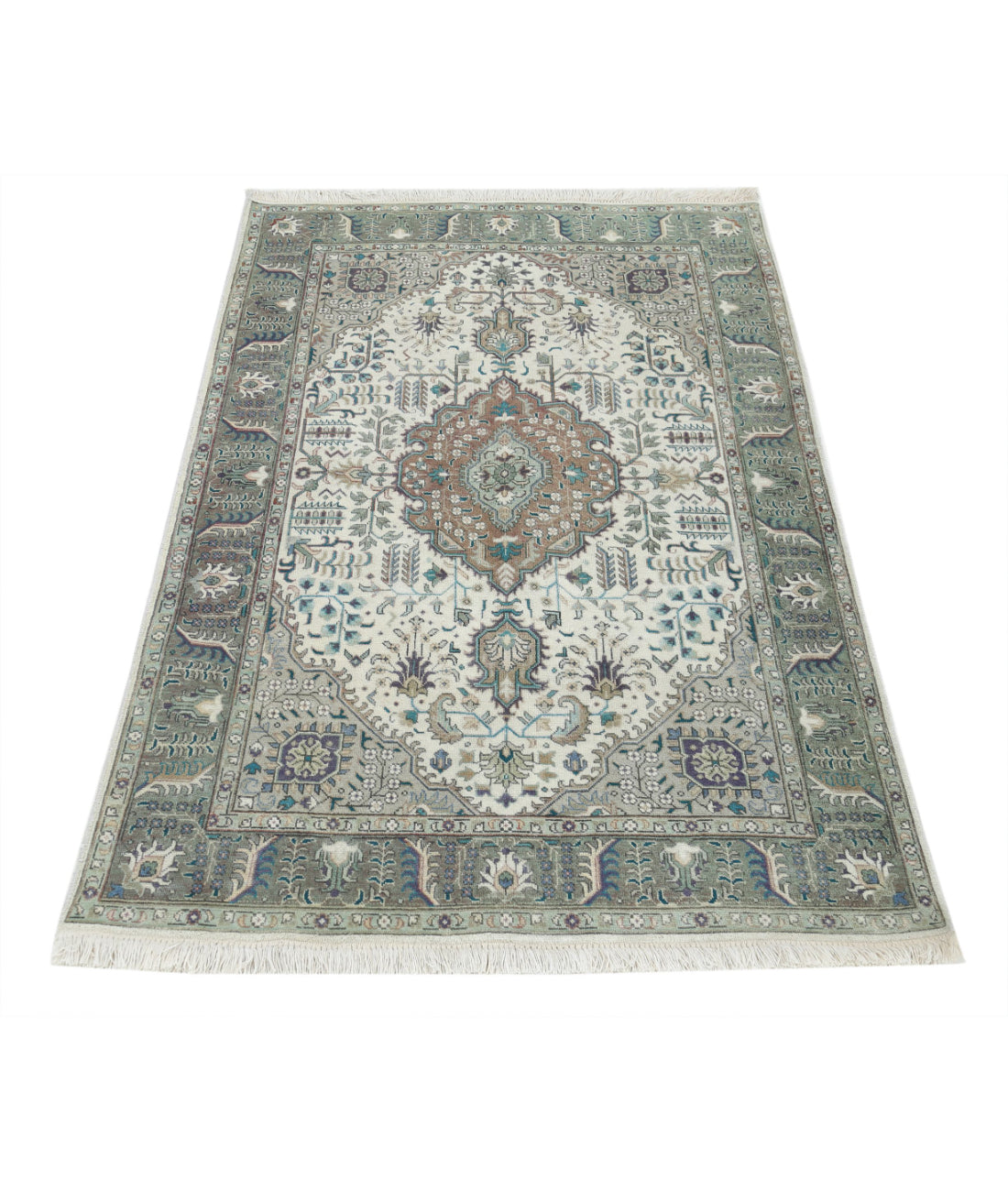 Hand Knotted Vintage Persian Tabriz Wool Rug - 3'2'' x 5'0'' 3'2'' x 5'0'' (95 X 150) / Ivory / Green